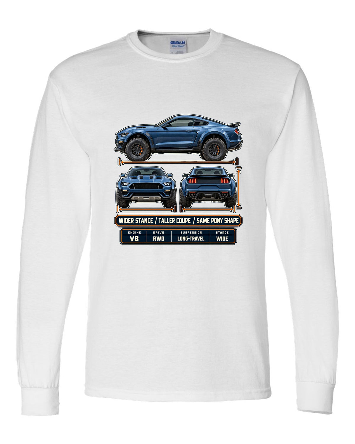 print of a Mustang Raptor concept three-view drawing with spec table and pony shape text white long sleeve front view with the design