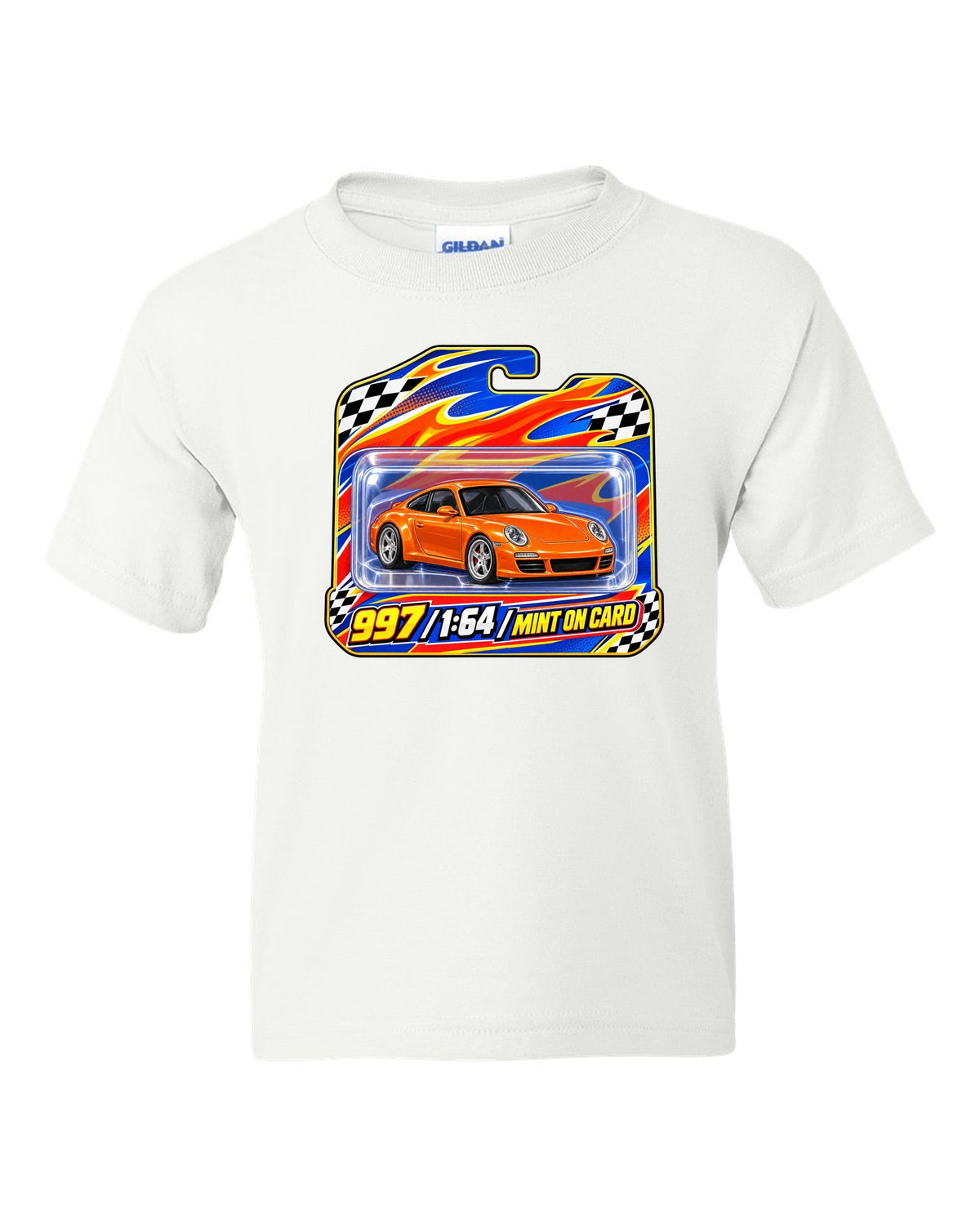 Sticker-bomb collage print of a Porsche 911 996 Carrera with the text 996 IMS never heard of it white kids tee front view with the design