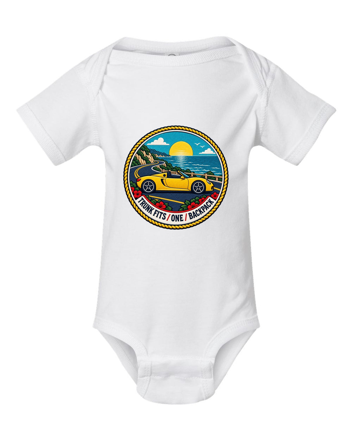 Varsity crest design for the Toyota MR2 W30 MR-S open roadster white baby onesie front view with the design