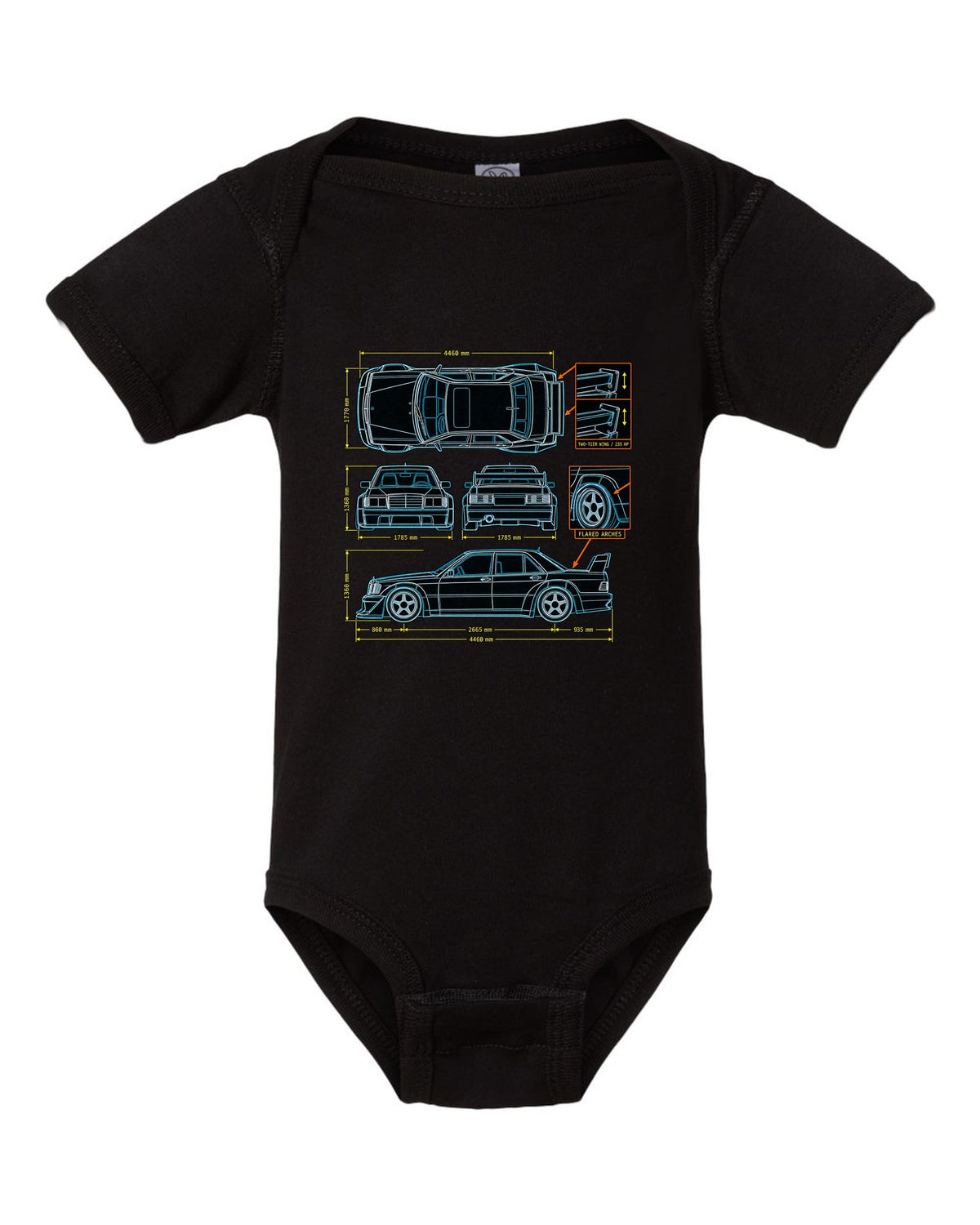 Technical blueprint top-down line art print of a Mercedes-Benz 190E Evo II W201 with two-tier wing black baby onesie front view with the design