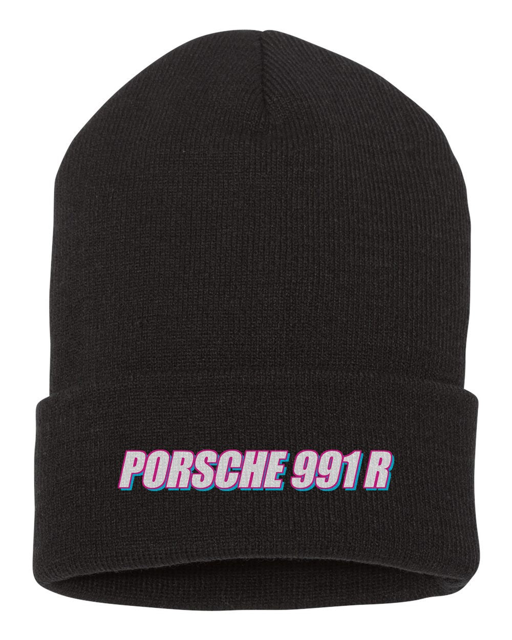 Porsche 991 R black beanie front view with car name