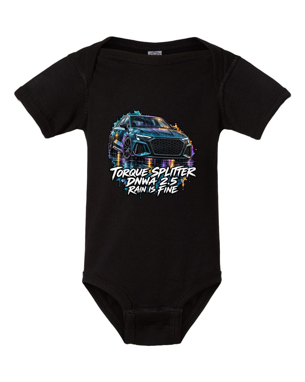 Watercolour wash print of an Audi RS3 8Y with Rain Is Fine lettering black baby onesie front view with the design