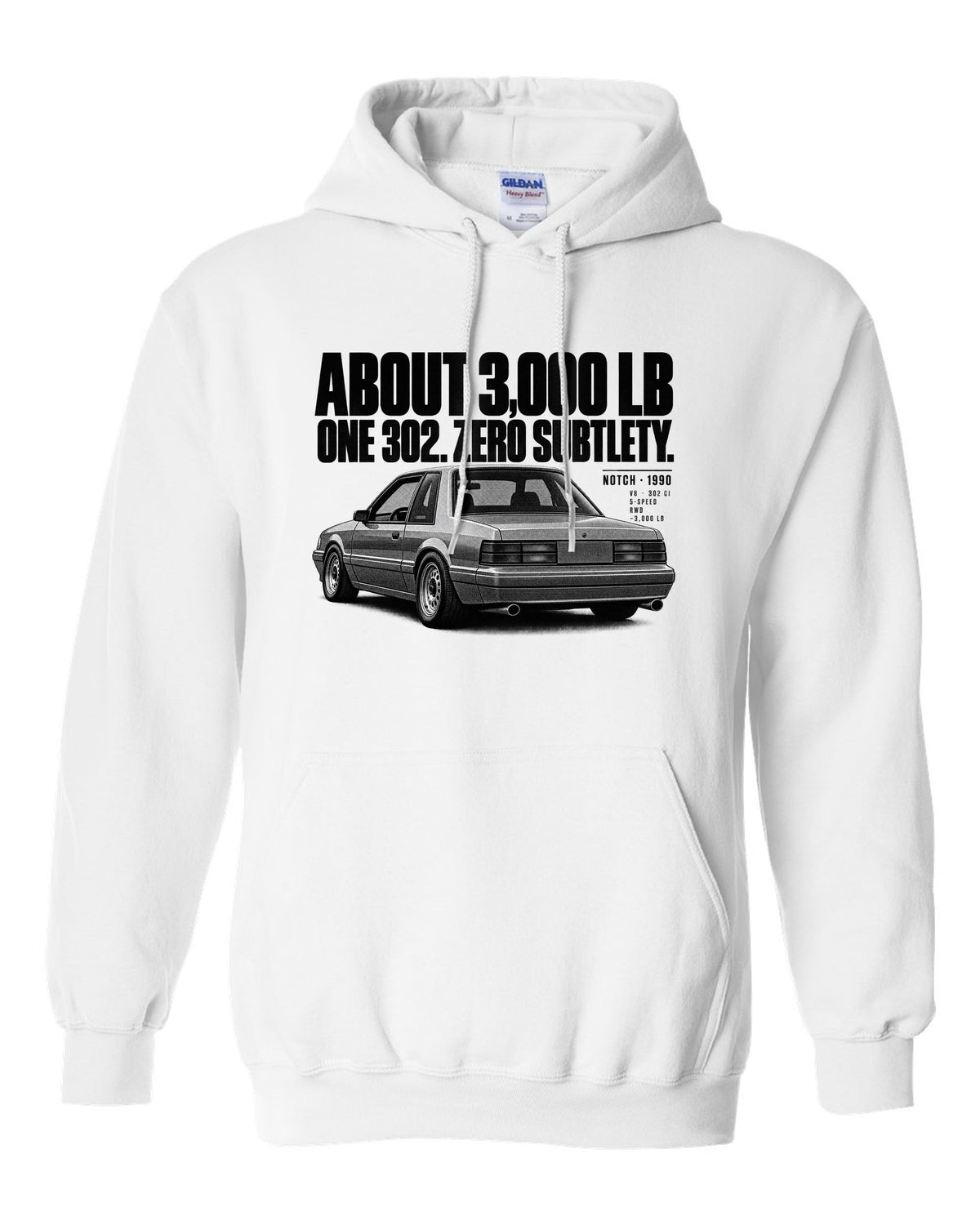 Halftone print of a 1990 Ford Mustang Fox Body LX notchback with spec lines white pull over hoodie front view with the design