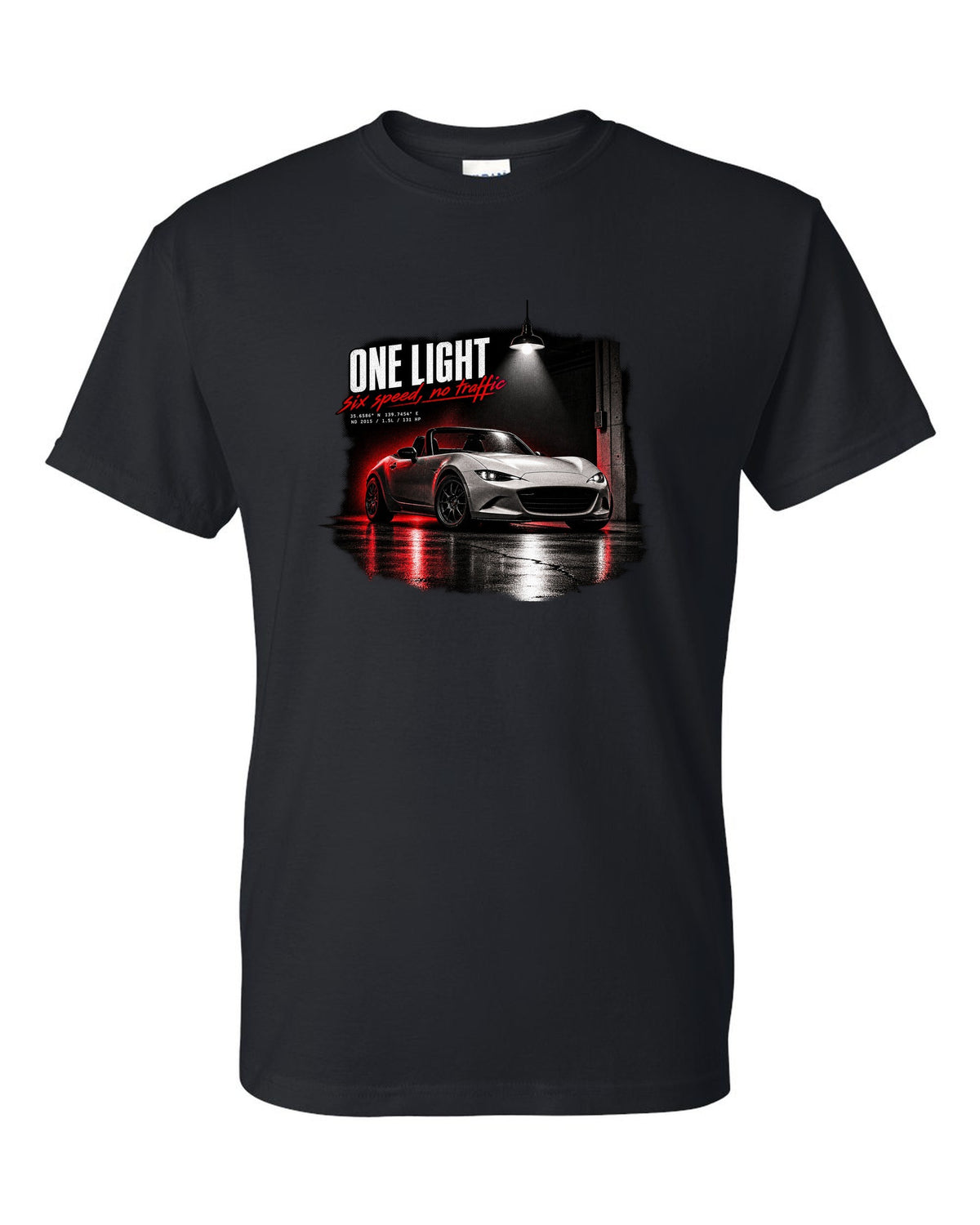 Garage night print for the 2015 Mazda MX-5 ND with 1.5L, 131 HP and six-speed lettering black t-shirt front view with the design
