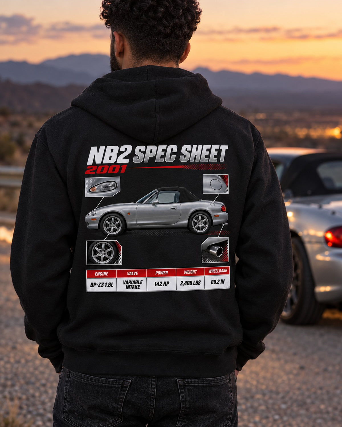 Mazda MX-5 NB2 Spec Sheet Shirt, 2001 Variable Intake Zip Hoodie Black worn hero