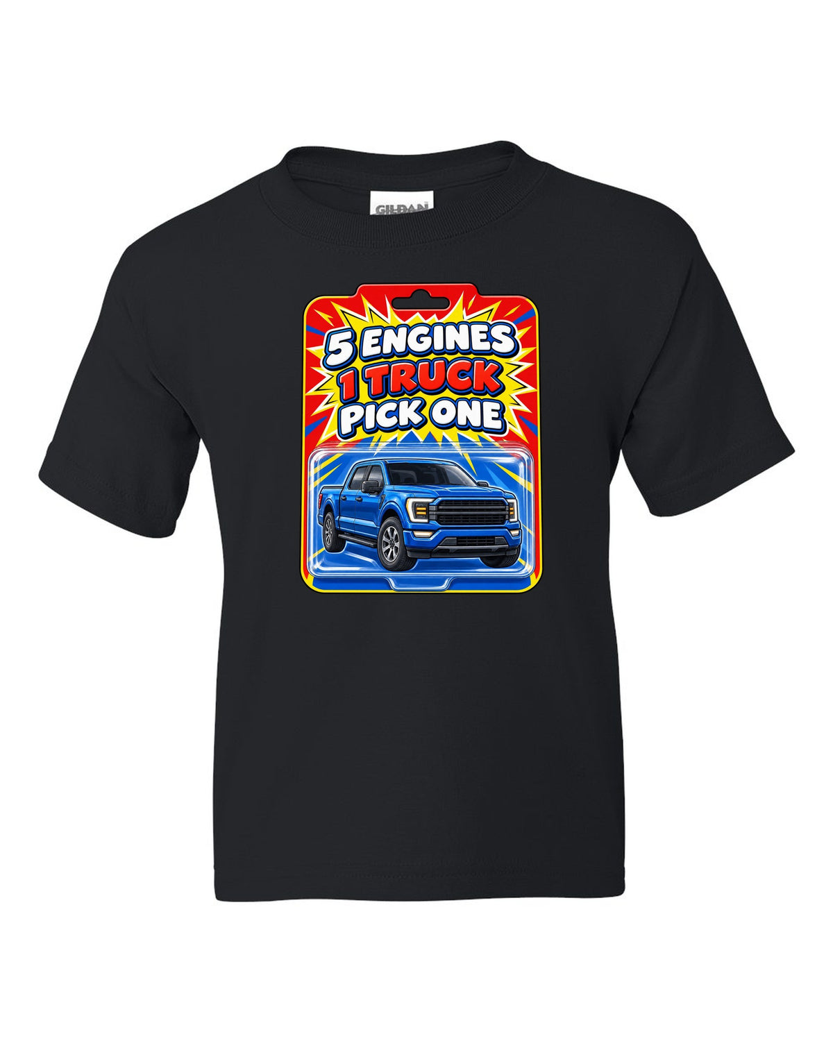 Toy card style print of a 2021 Ford F-150 P702 with five engines one truck text black kids tee front view with the design