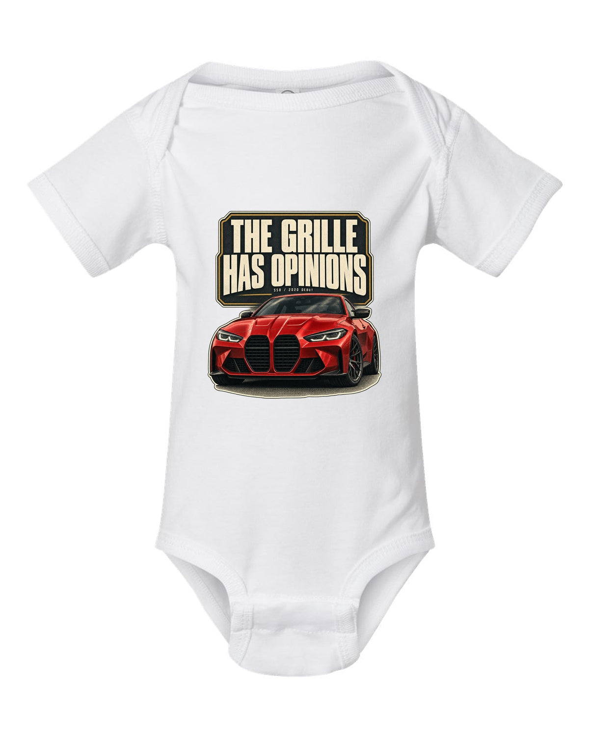 BMW M4 Competition G82 editorial headline print about the grille white baby onesie front view with the design