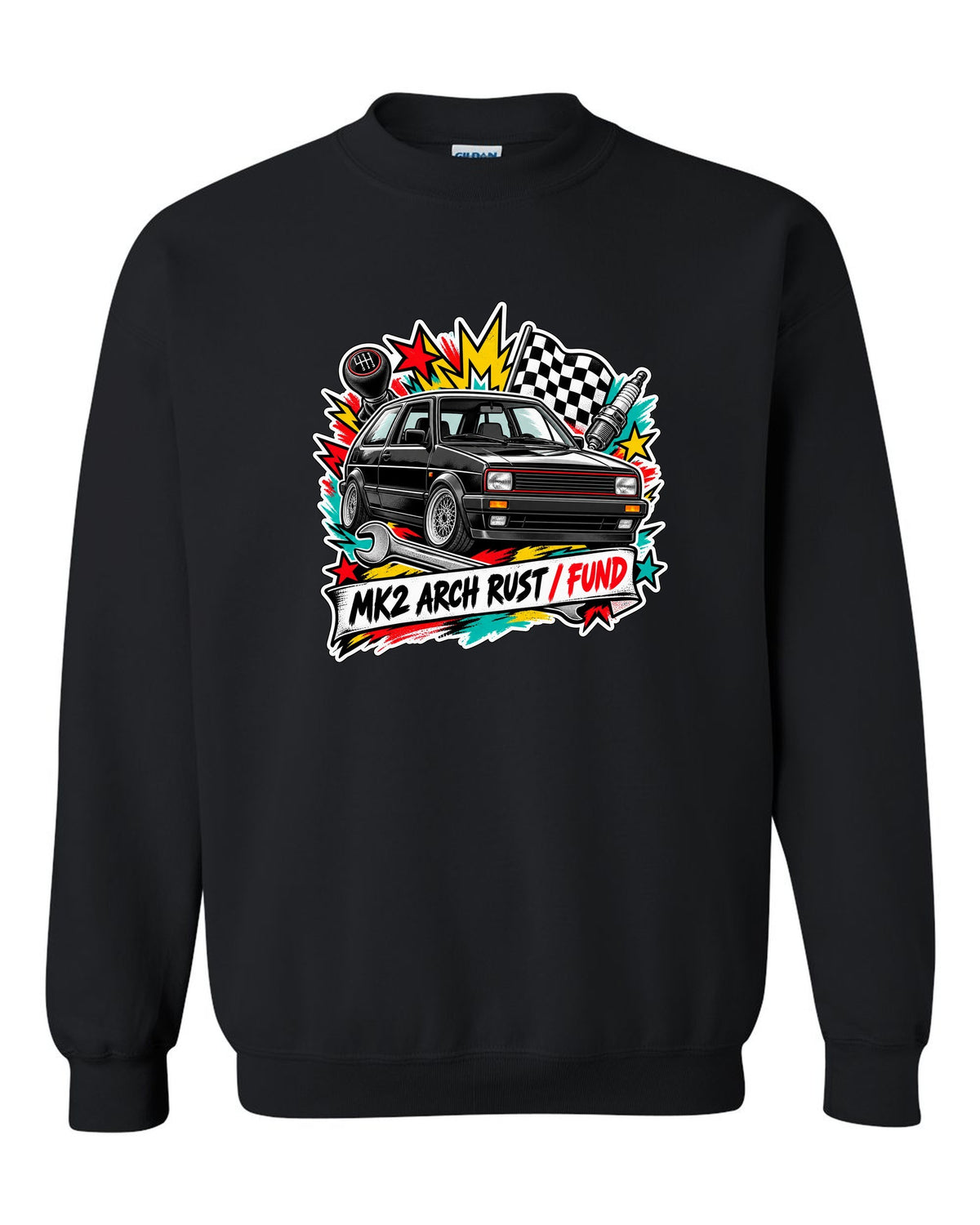 Sticker bomb collage print of a VW Golf Mk2 GTI with arch rust fund text black crewneck front view with the design