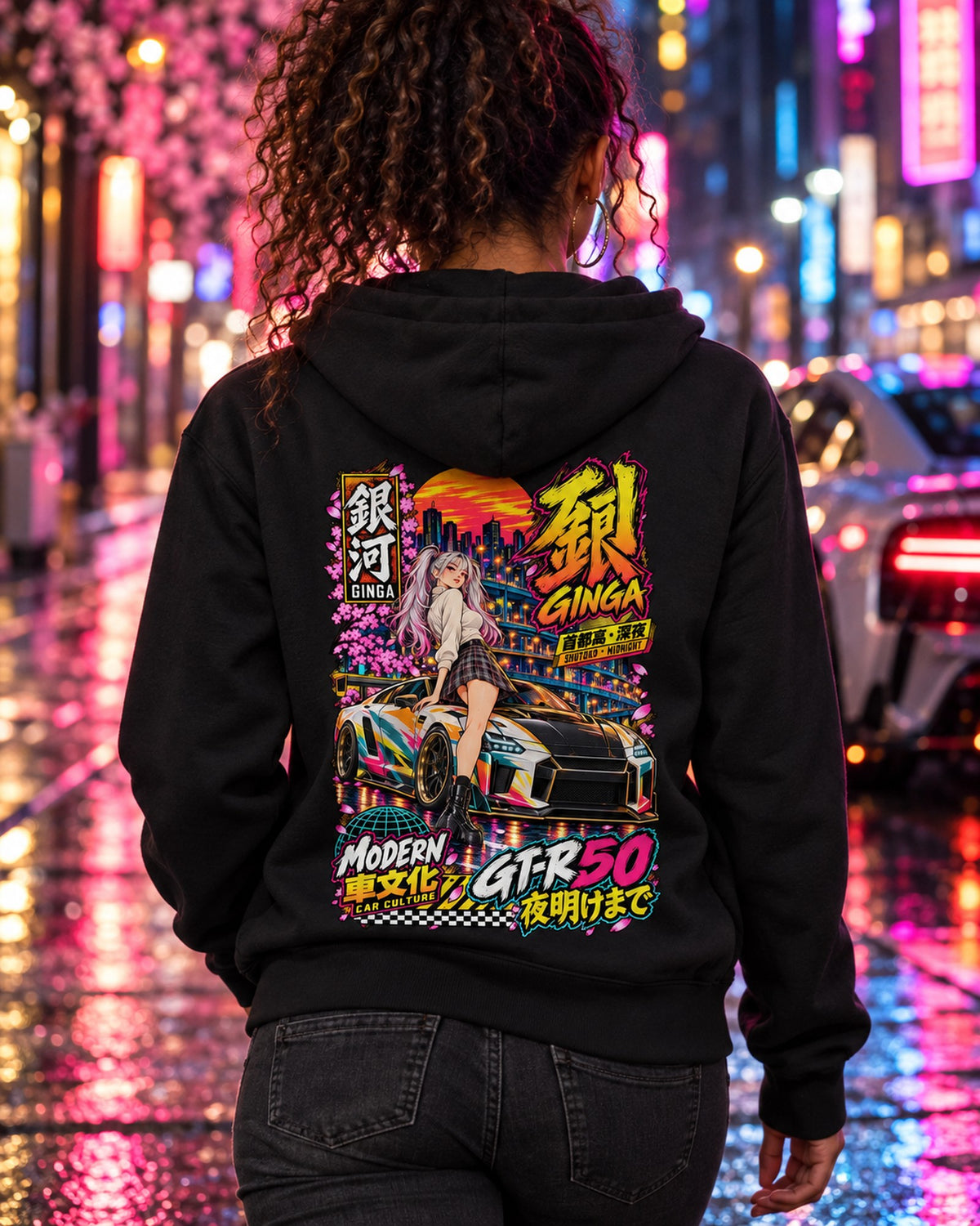 GINGA GT-R50 Anime Girl Full-Back Graphic Tee Zip Hoodie Black worn hero