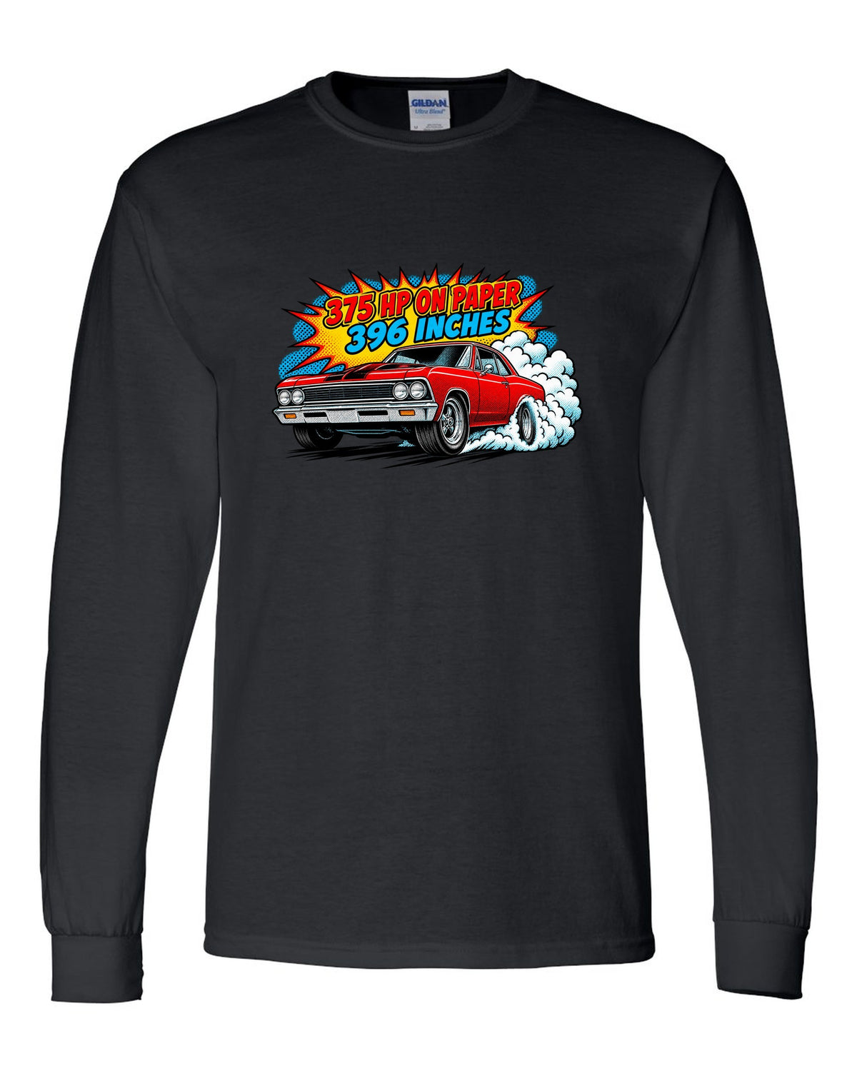 Comic halftone print of a 1966 Chevelle Malibu SS burnout with the text 375 HP on paper, 396 inches black long sleeve front view with the design