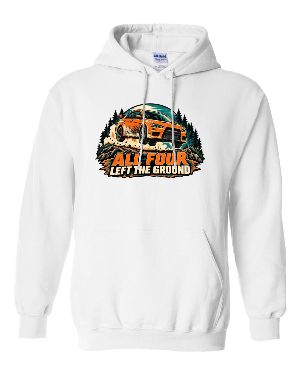 Flat vector minimalist print of the Mitsubishi Evo X CZ4A with aluminium block 291 HP text white pull over hoodie front view with the design