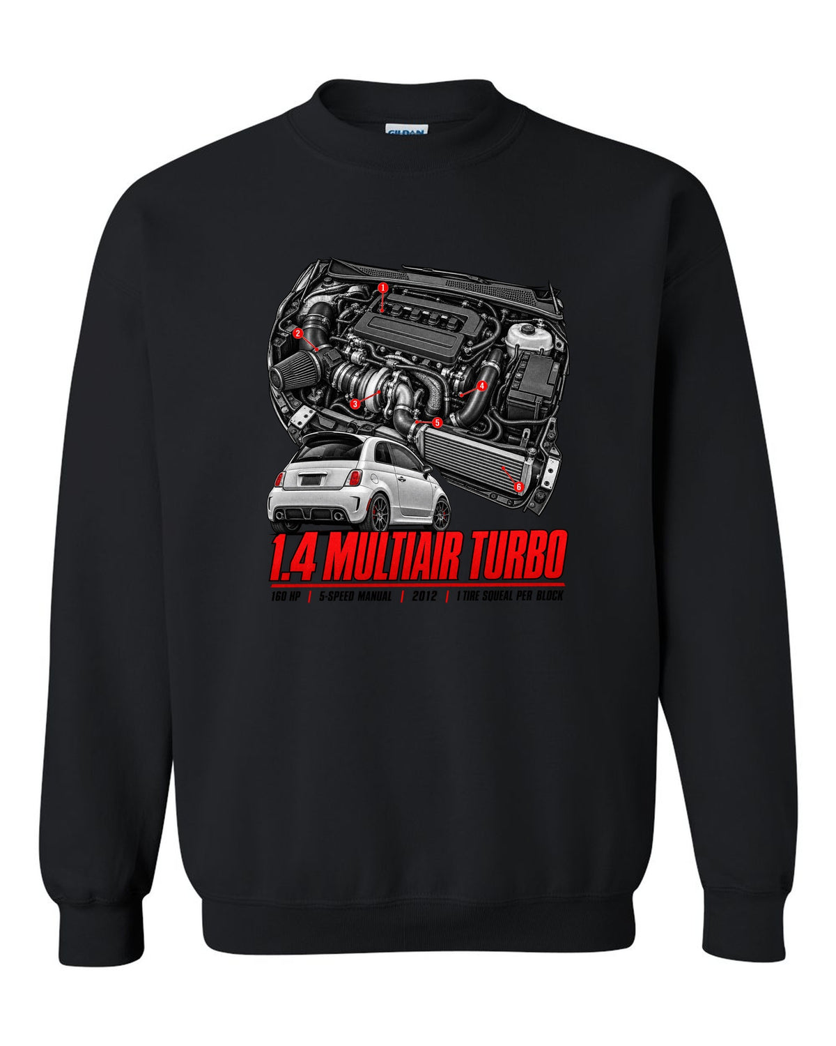 Fiat 500 Abarth engine bay hero poster with 1.4 MultiAir turbo figures black crewneck front view with the design