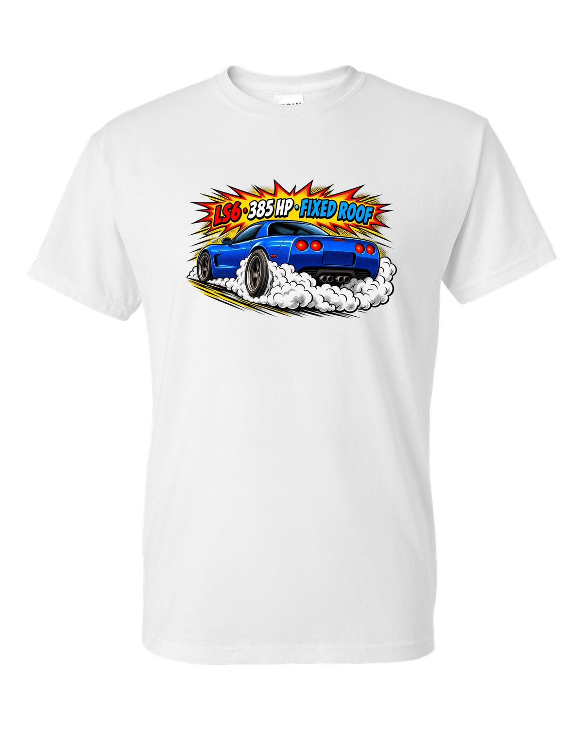 Comic halftone pop-art print of a 2001 Chevrolet Corvette C5 Z06 with LS6 385 HP Fixed Roof text white t-shirt front view with the design