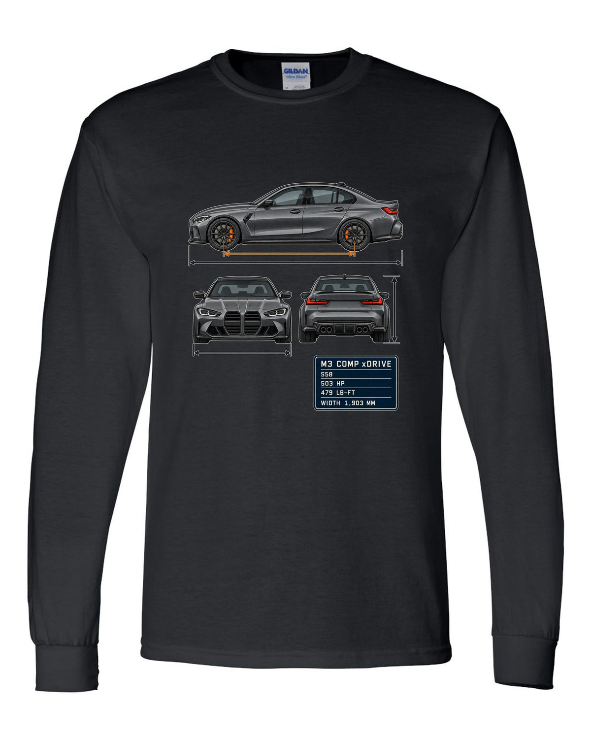 BMW M3 Competition xDrive G80 three-view drawing with spec table print black long sleeve front view with the design