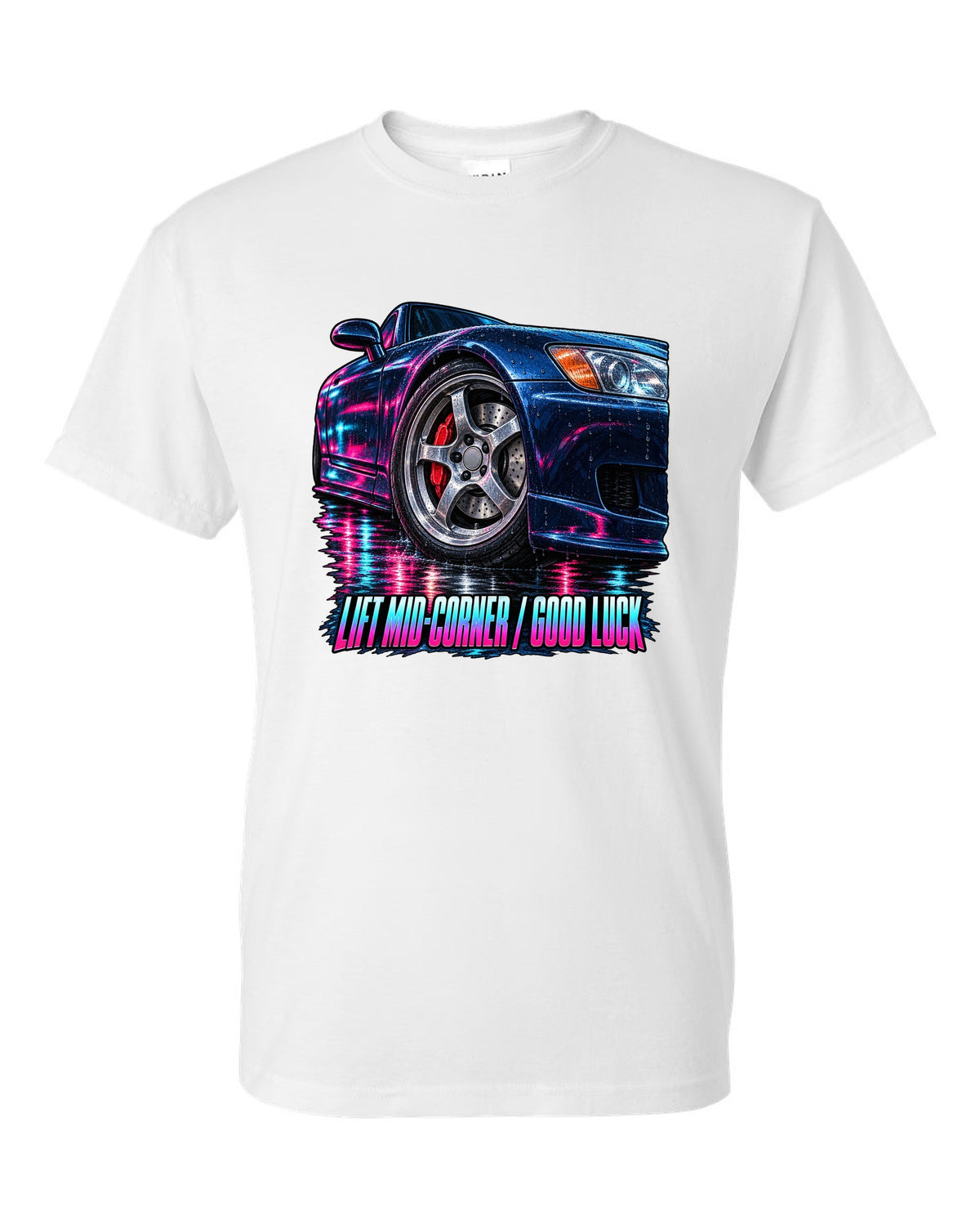 Cinematic macro painting print of a Honda S2000 AP1 cornering with lift mid-corner good luck text white t-shirt front view with the design