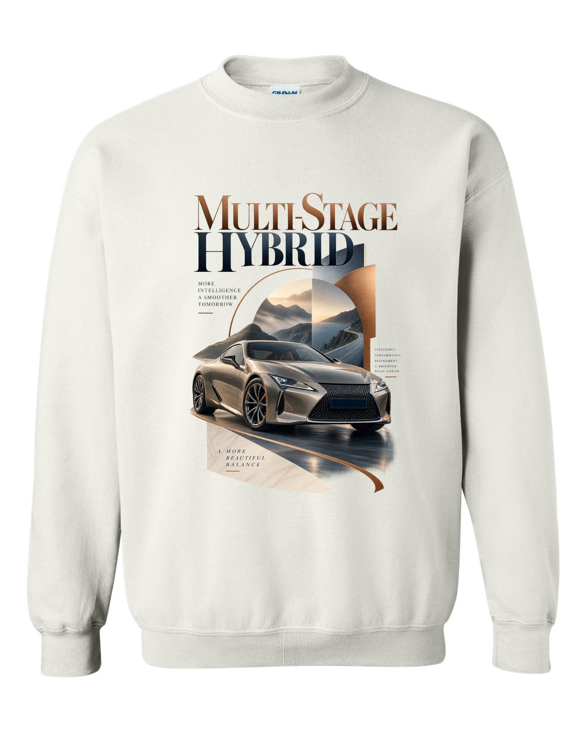 Editorial headline layout for the Lexus LC 500h hybrid white crewneck front view with the design