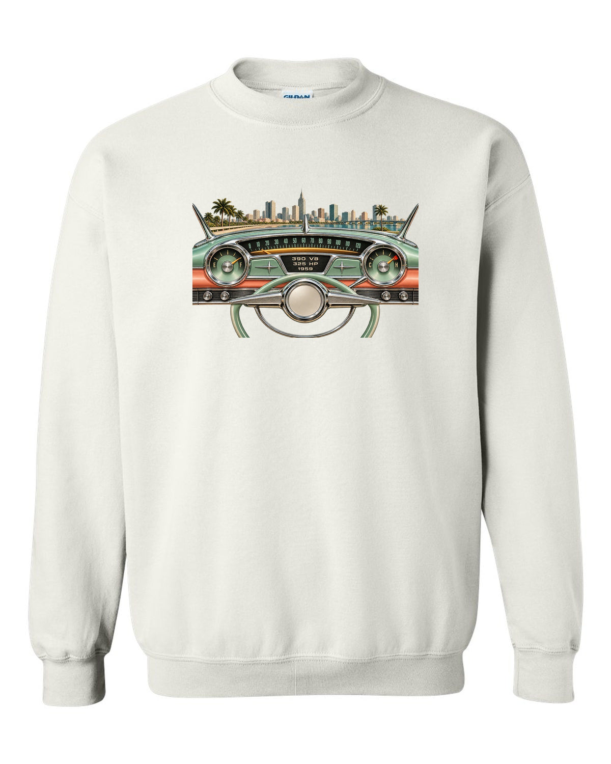 1959 Cadillac Series 62 dashboard instrument cluster HUD graphic with 390 V8 text white crewneck front view with the design