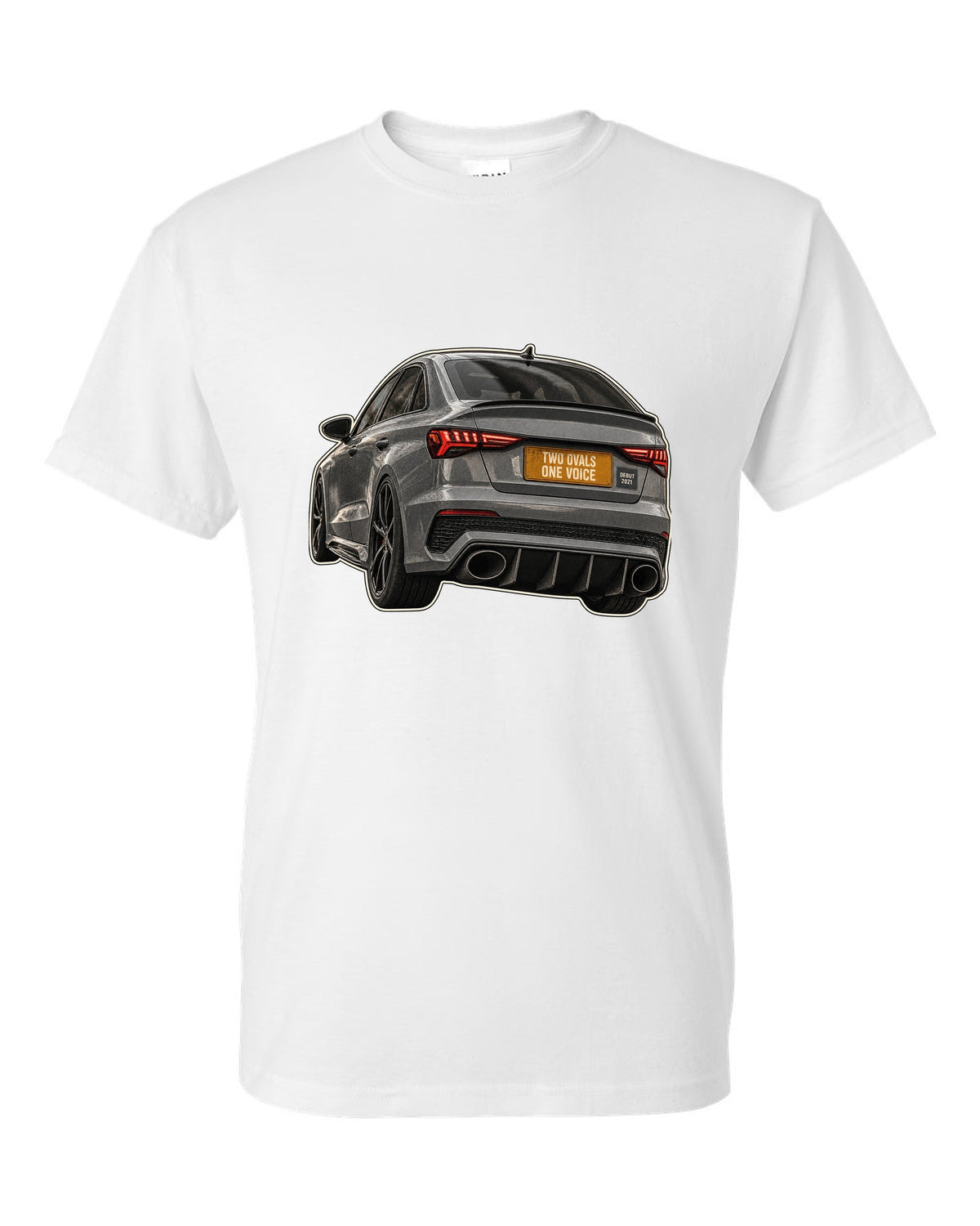 Taillight and exhaust macro of an Audi RS3 8Y sedan white t-shirt front view with the design