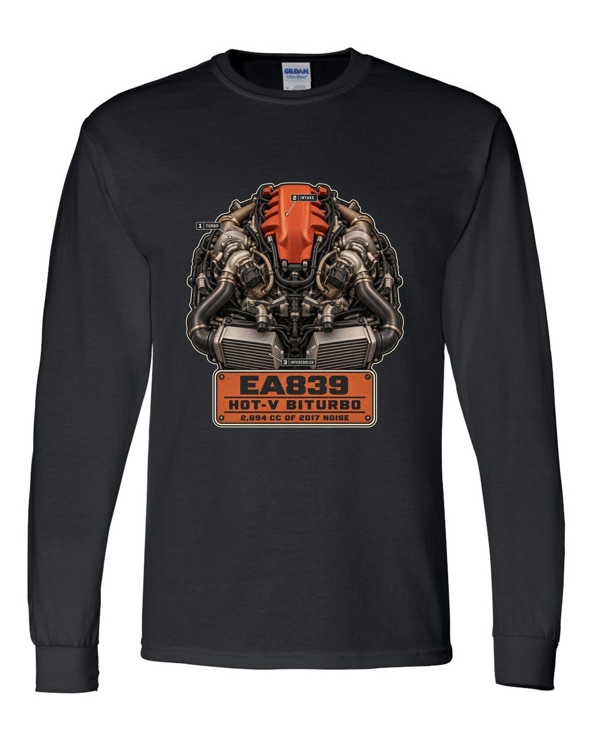 Engine hero poster of the Audi RS5 B9 EA839 hot-V biturbo black long sleeve front view with the design