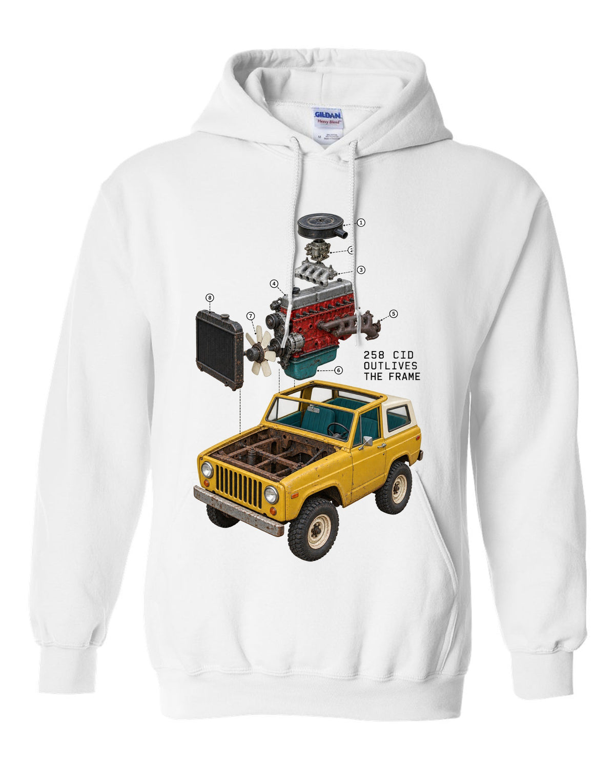 Exploded cutaway engine print of a Jeep CJ-7 258 CID inline-six white pull over hoodie front view with the design