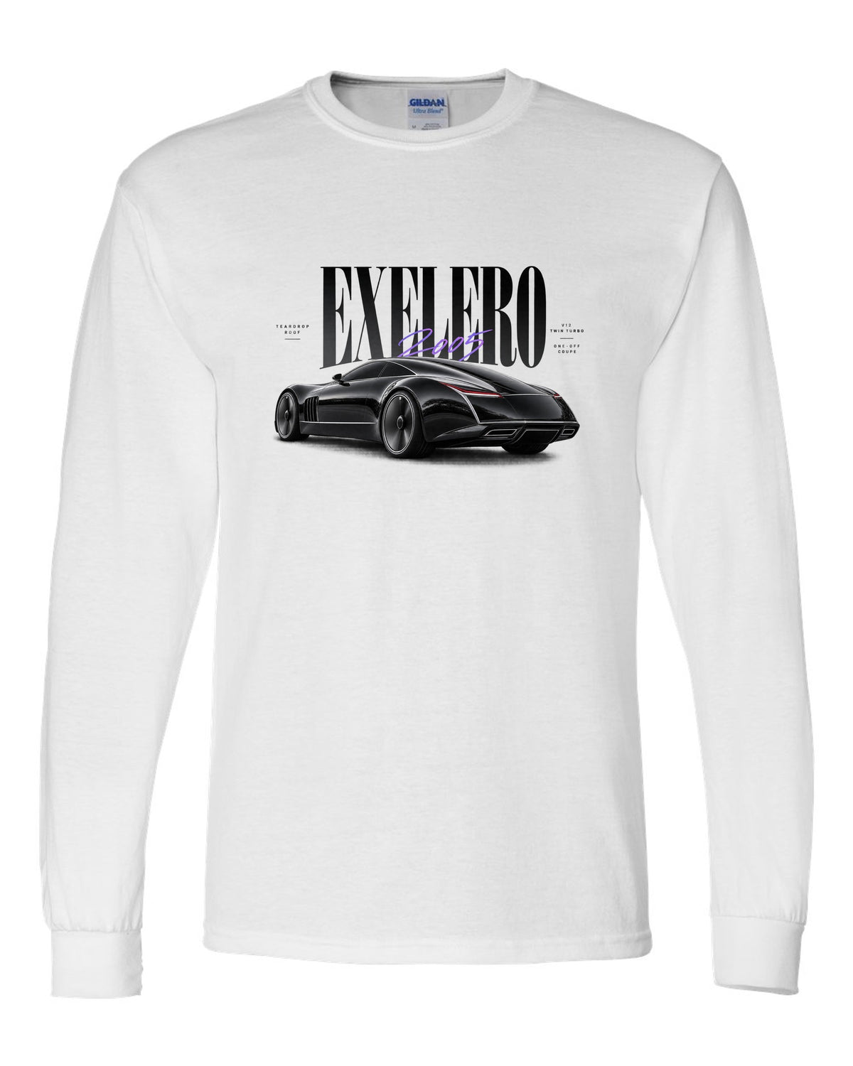 Editorial print of the Maybach Exelero one-off with Exelero 2005 Teardrop Roof lettering white long sleeve front view with the design