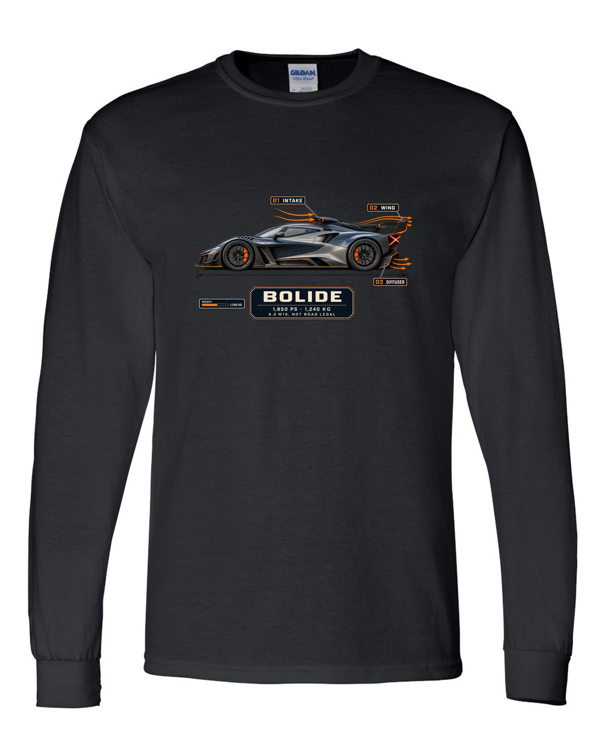 Aero callout cutaway of the Bugatti Bolide track concept, print black long sleeve front view with the design