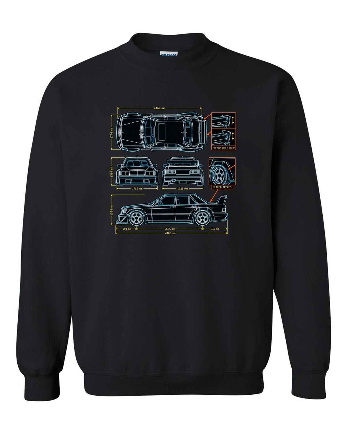 Technical blueprint top-down line art print of a Mercedes-Benz 190E Evo II W201 with two-tier wing black crewneck front view with the design