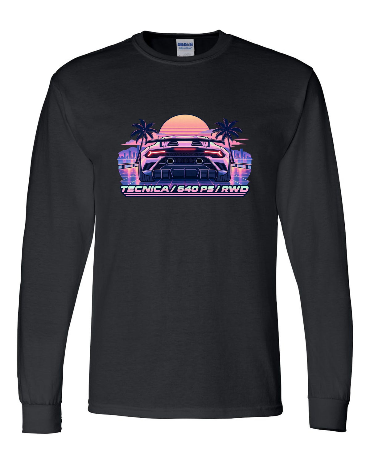 Vaporwave pastel taillight grid of a Lamborghini Huracan Tecnica LP640-2 with text TECNICA / 640 PS / RWD black long sleeve front view with the design