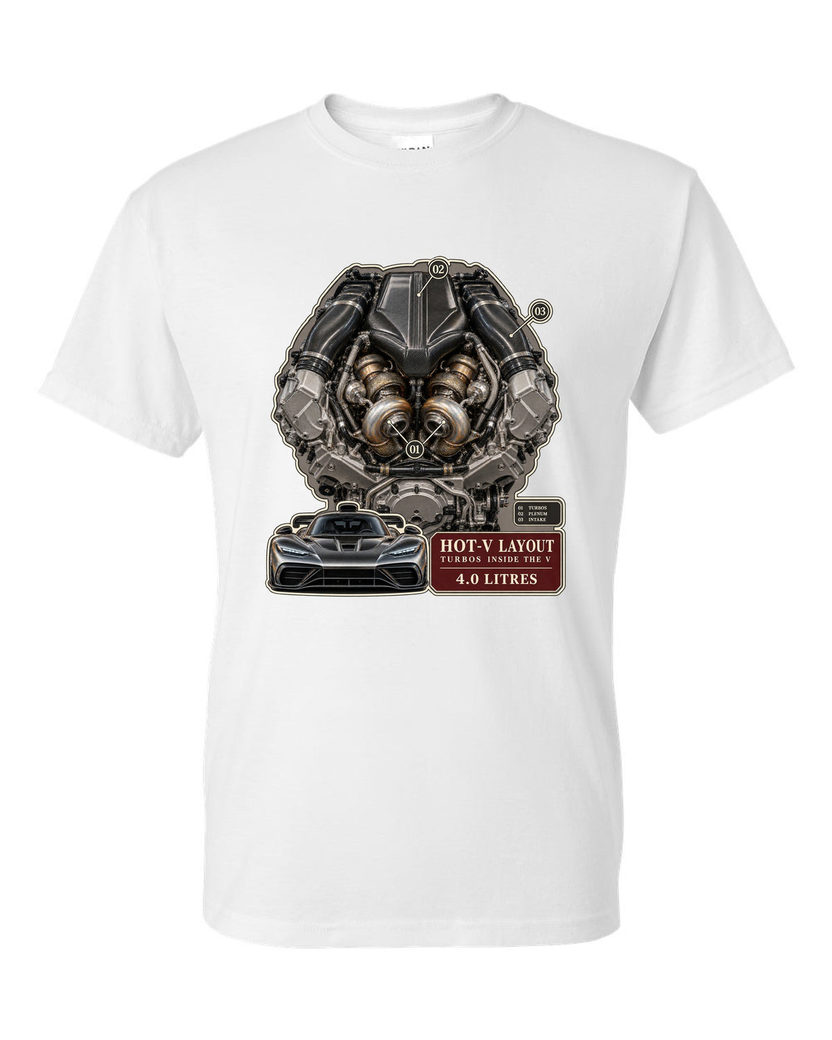 Mercedes-AMG GT 63 M178 4.0 litre biturbo V8 engine illustration white t-shirt front view with the design