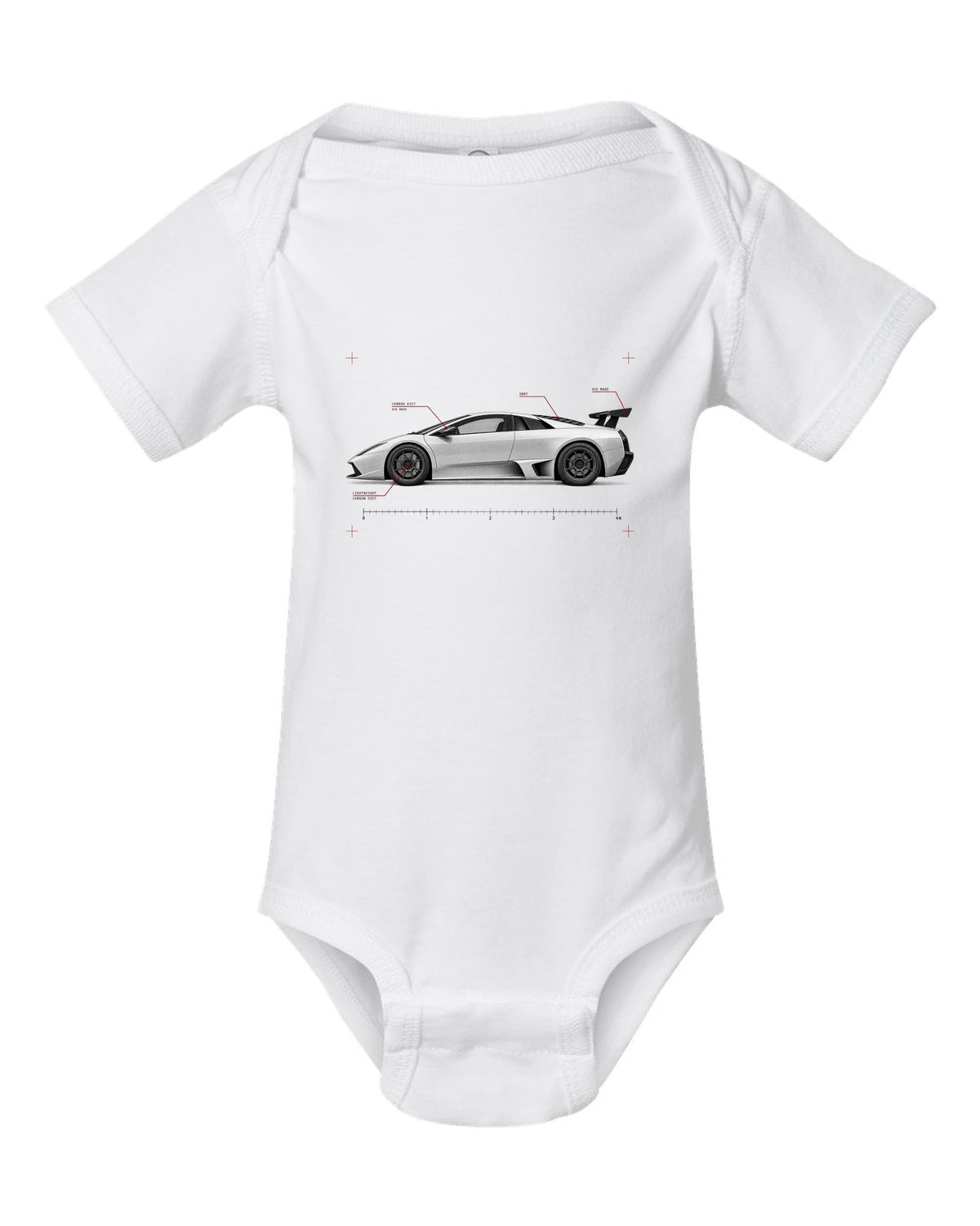 Spec poster print of a Lamborghini Gallardo Superleggera with 618 made and Carbon Diet text white baby onesie front view with the design