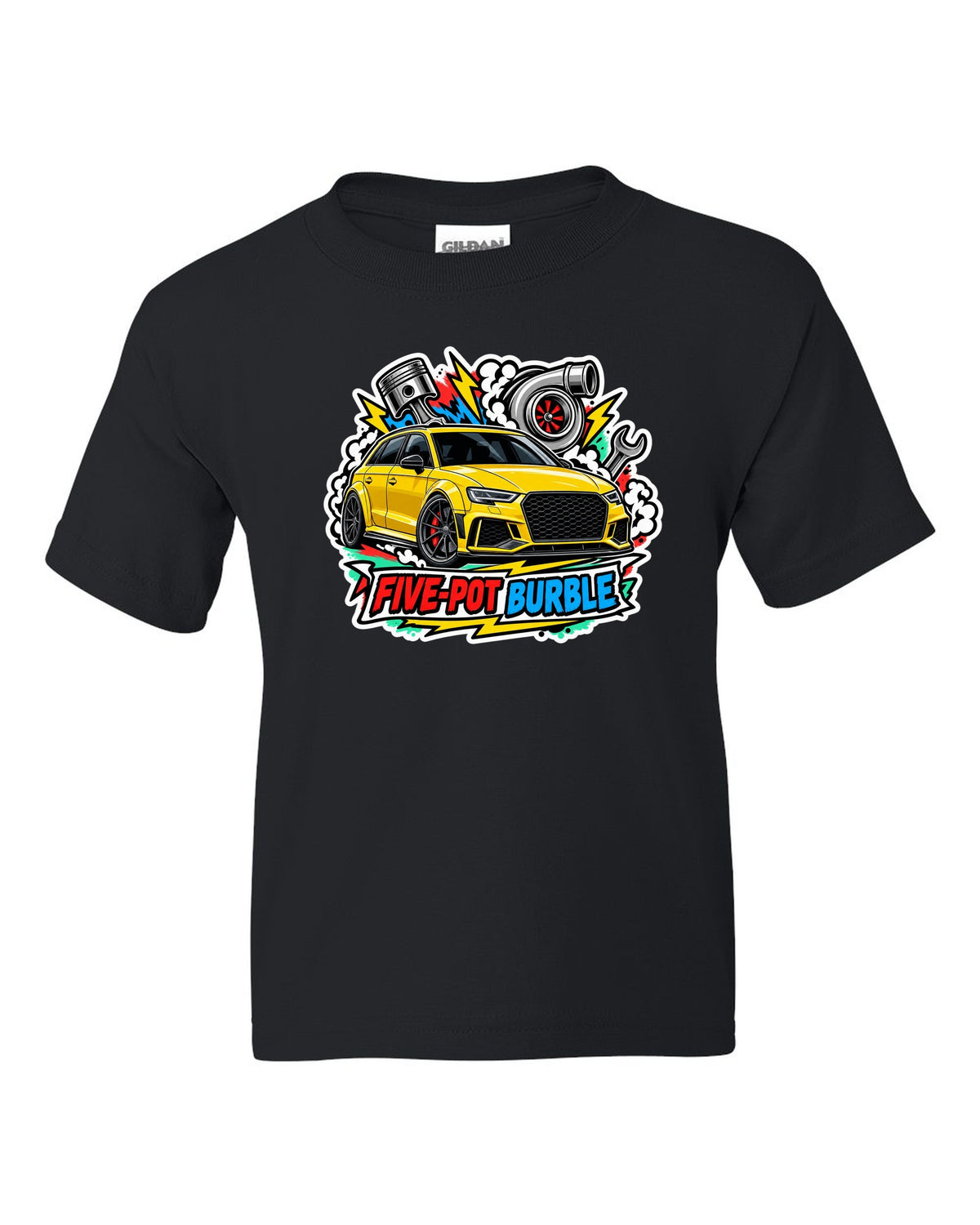 Sticker bomb collage print of an Audi RS3 8V with five-pot burble text black kids tee front view with the design