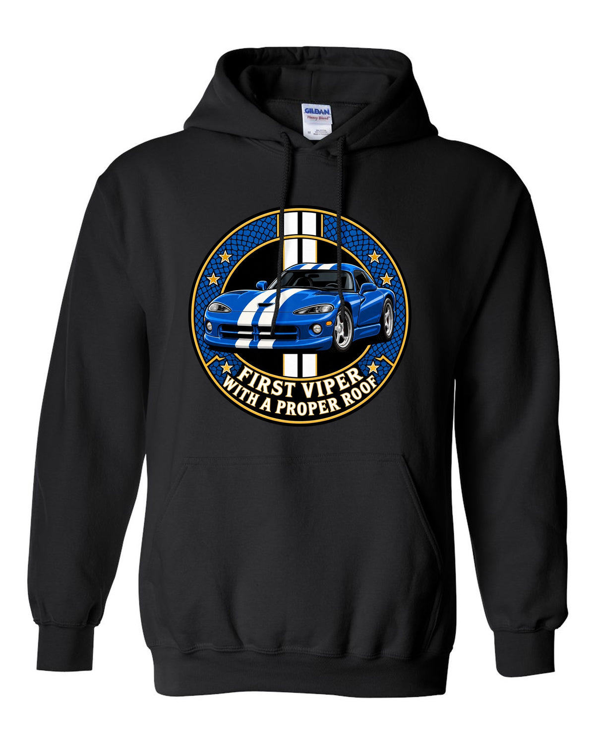 Original crest design print of a 1996 Dodge Viper GTS SR II with proper roof text black pull over hoodie front view with the design
