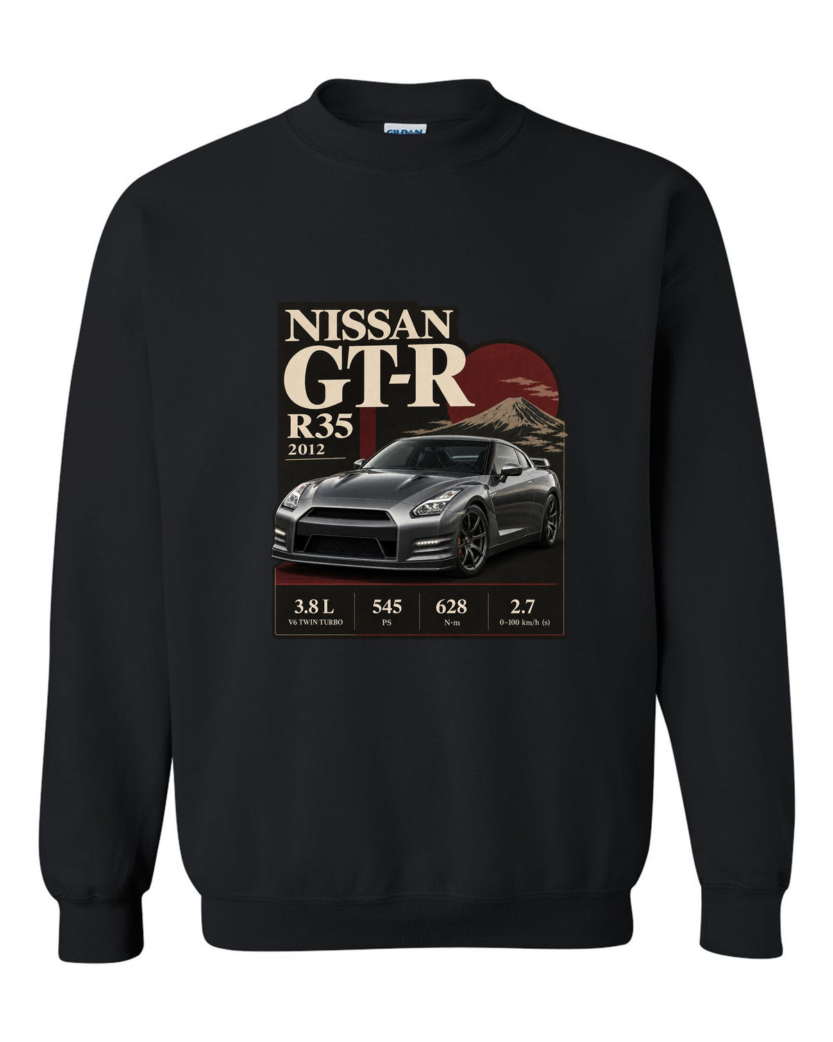 Nissan GT-R R35 2013 Track Edition in dossier panel layout black crewneck front view with the design