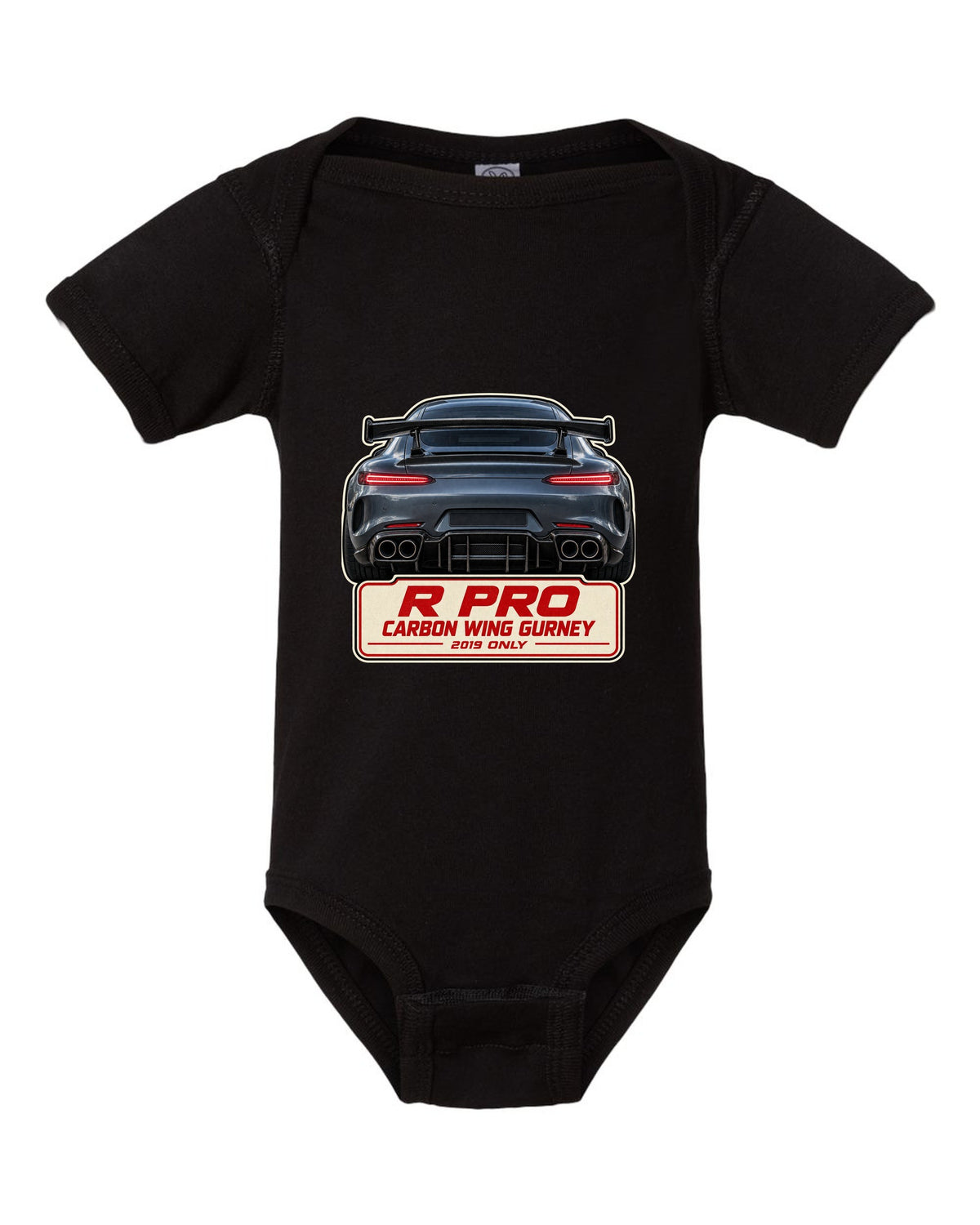 Mercedes-AMG GT R Pro C190 taillight macro print black baby onesie front view with the design