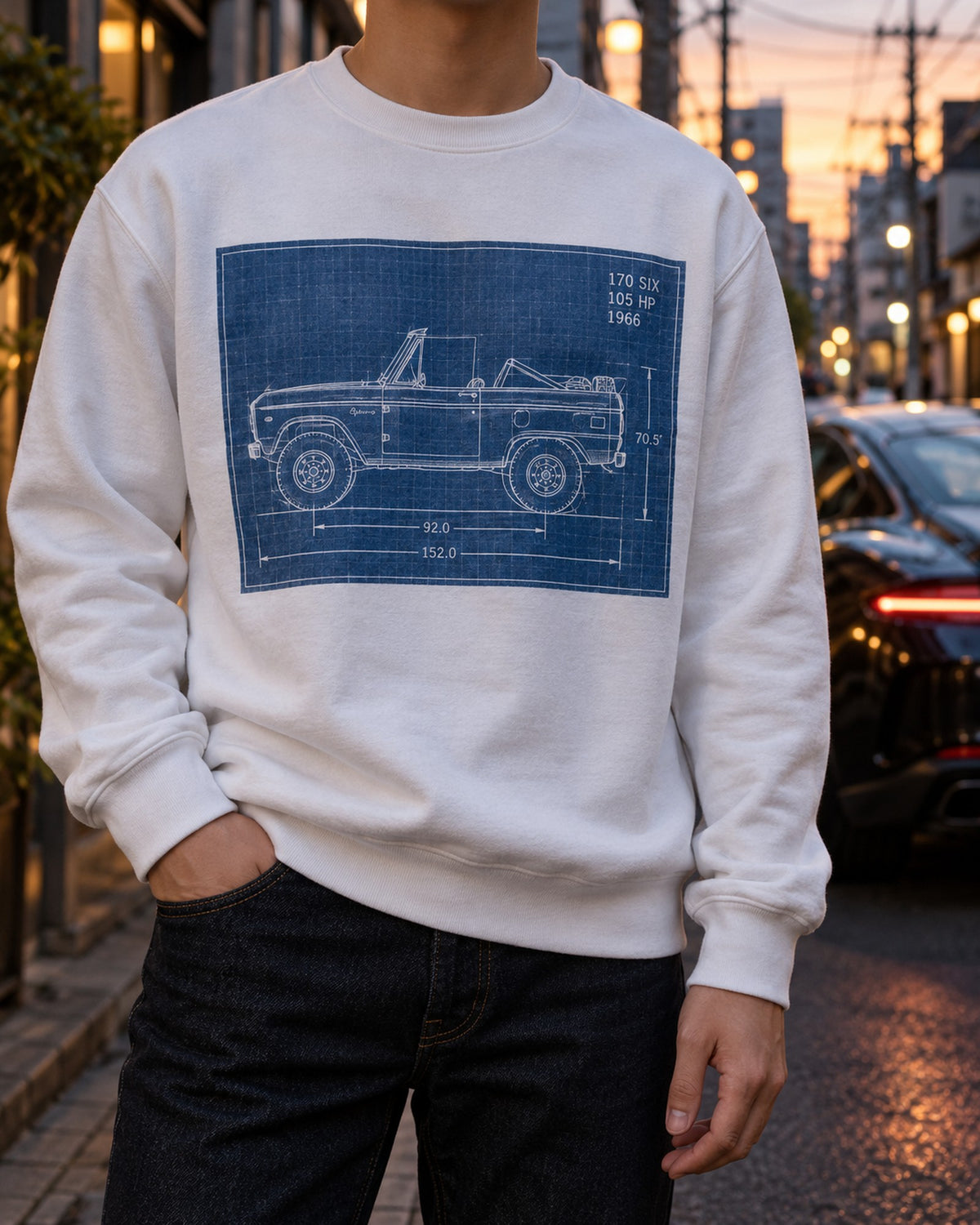 1966 Ford Bronco U13 Roadster Dawn Trailhead Blueprint Shirt Crewneck White worn hero