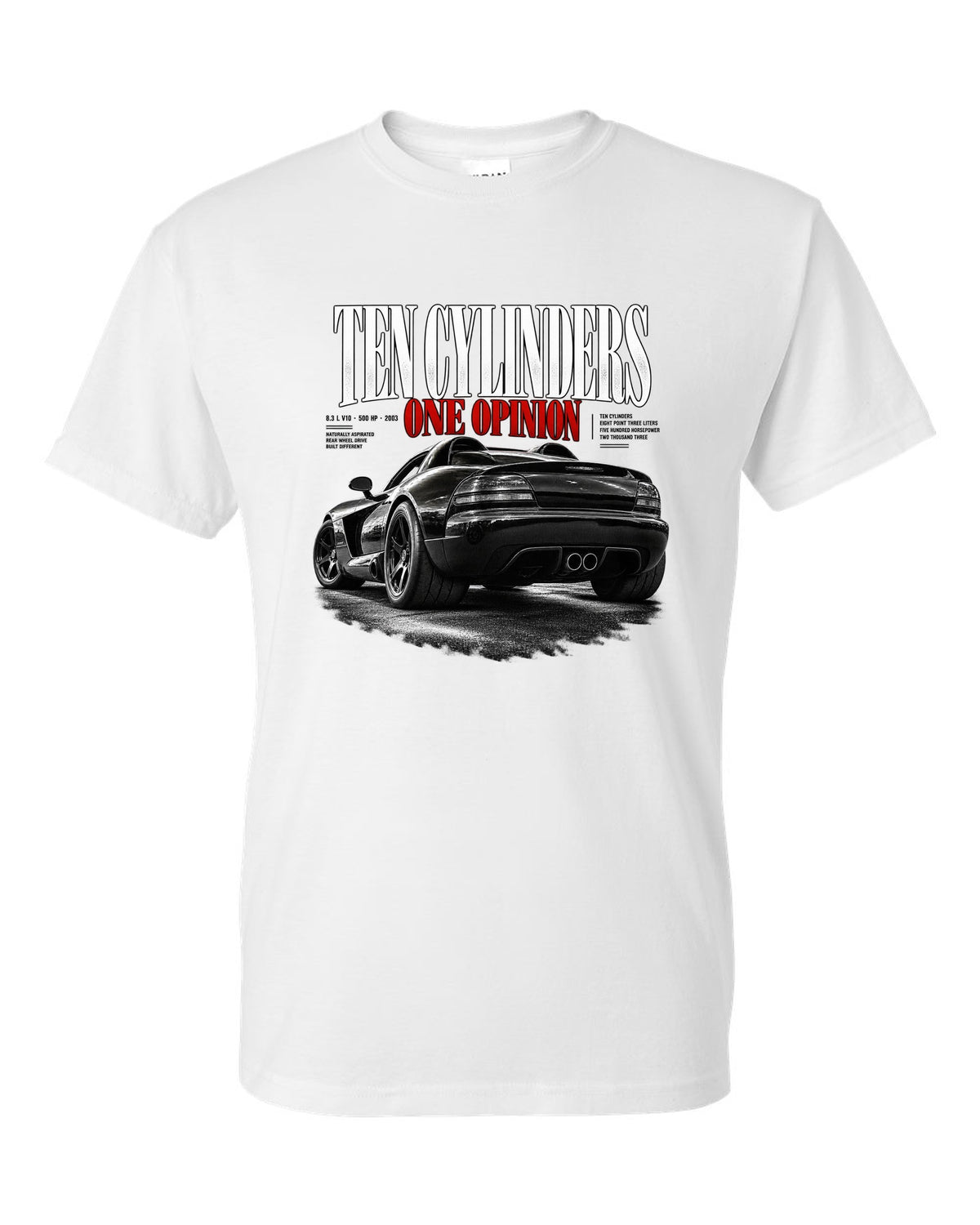 2003 Dodge Viper SRT-10 ZB I rear three-quarter editorial headline print white t-shirt front view with the design
