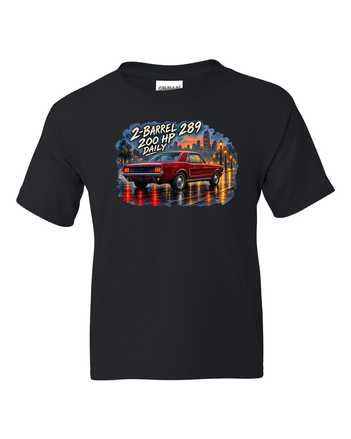 Watercolour wet-road night print of a 1965 Ford Mustang coupe with 2-barrel 289 text black kids tee front view with the design