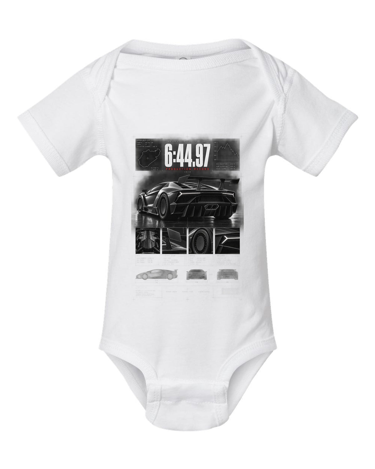 Dossier panel print of a Lamborghini Aventador SVJ LP770-4 with 6:44.97 production record text white baby onesie front view with the design