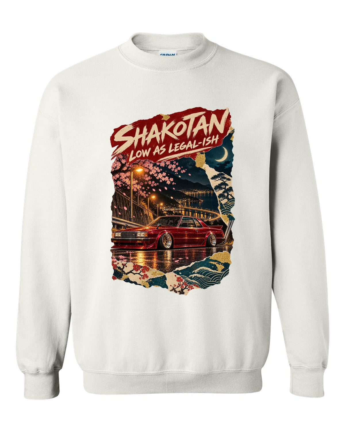 Japanese poster collage of a lowered kaido racer coupe with SHAKOTAN lettering white crewneck front view with the design