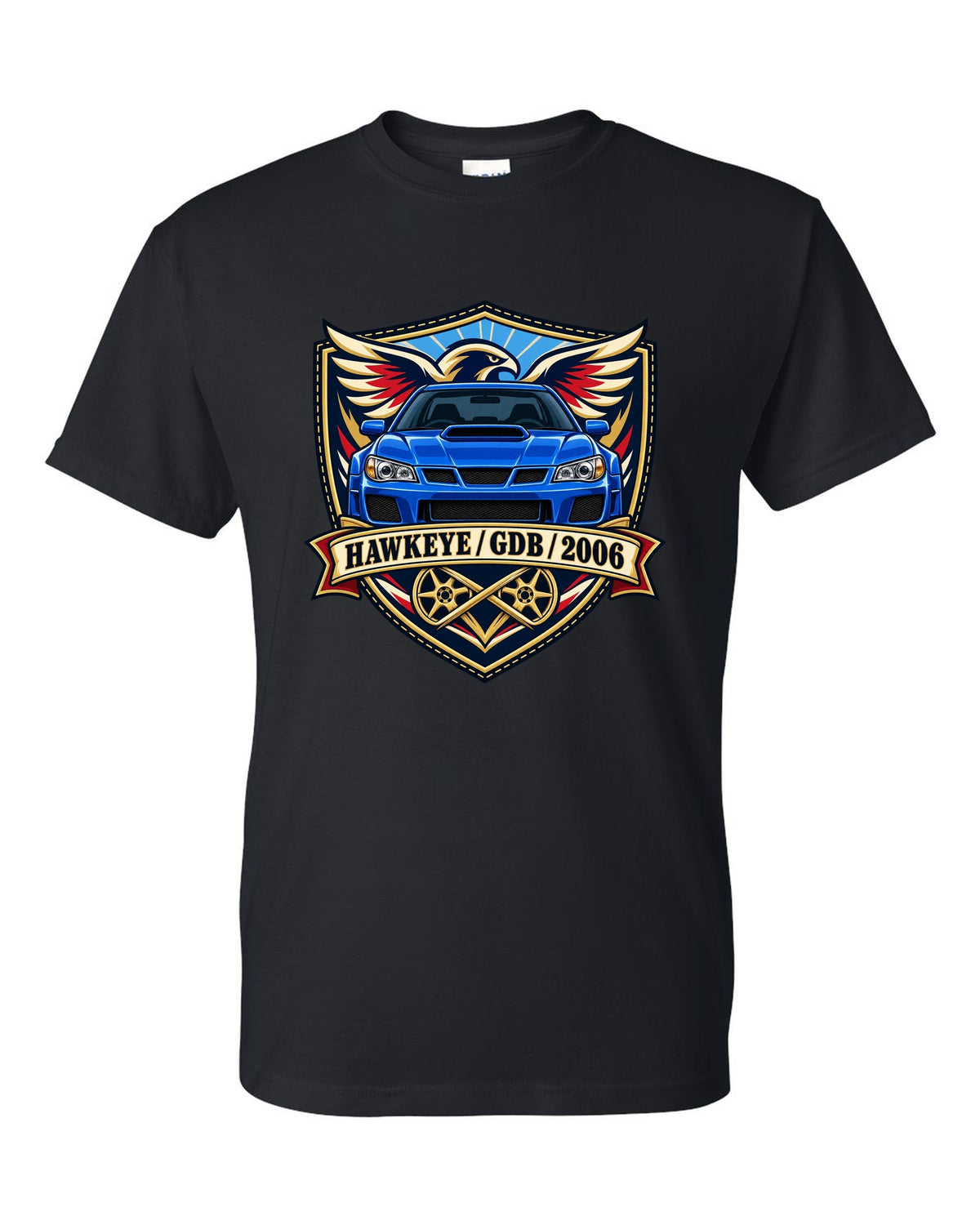 Subaru Impreza WRX STI GDB Hawkeye varsity crest print reading HAWKEYE / GDB / 2006 black t-shirt front view with the design
