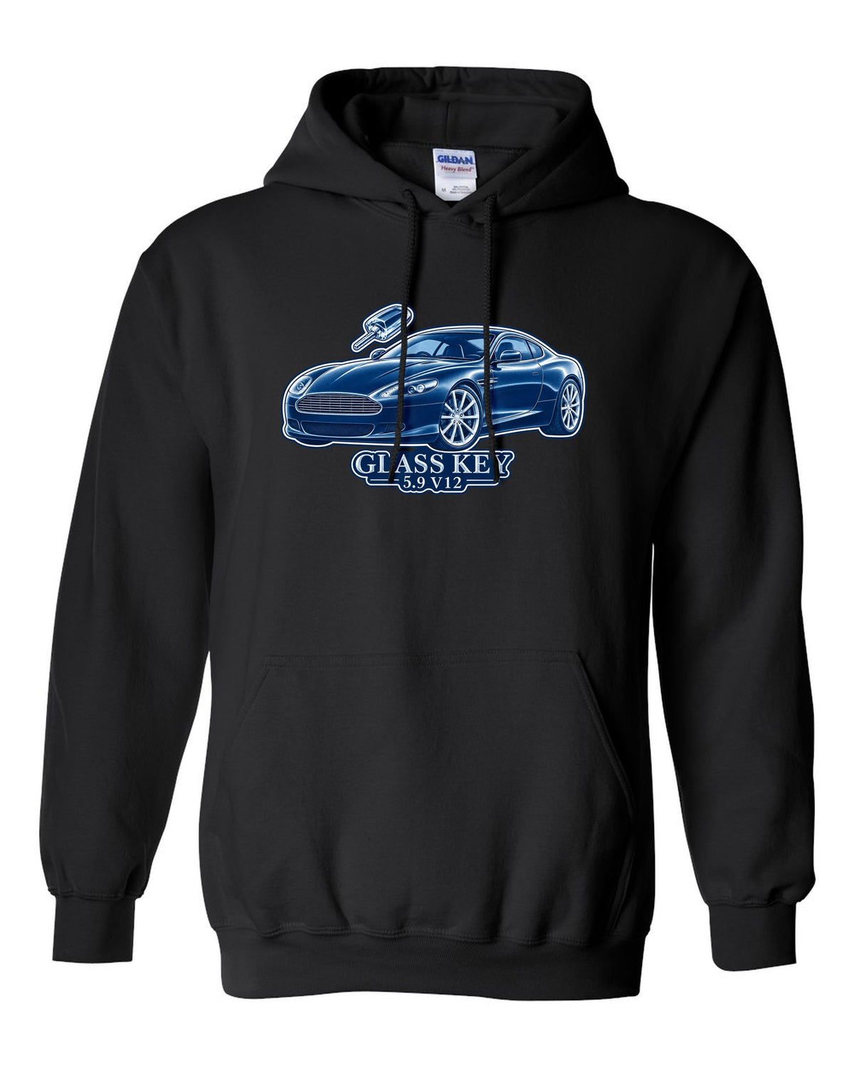 Cel-shaded anime night street print of a 2005 Aston Martin V8 Vantage in rain with glass key lettering black pull over hoodie front view with the design