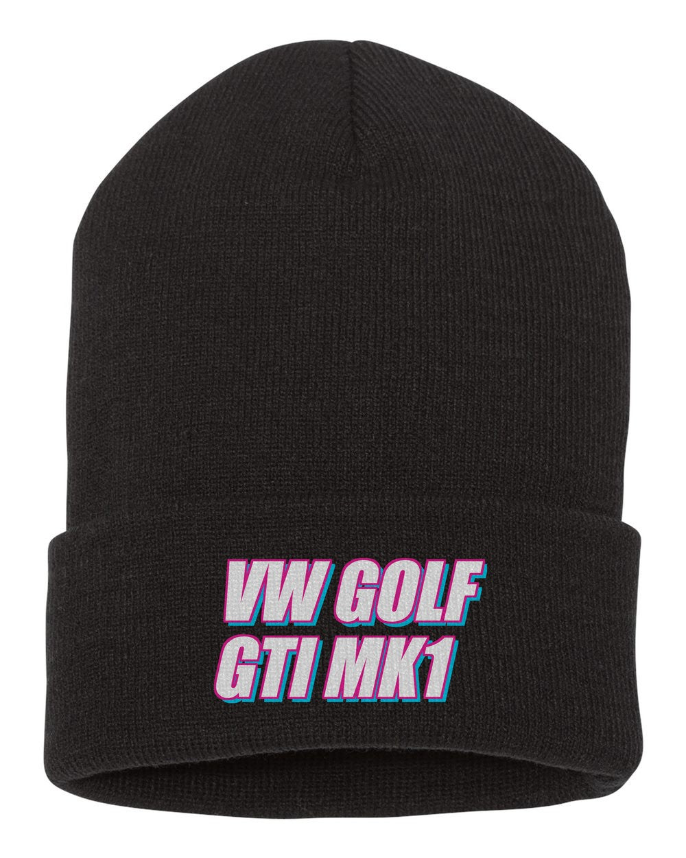 Vw Golf Gti Mk1 black beanie front view with car name