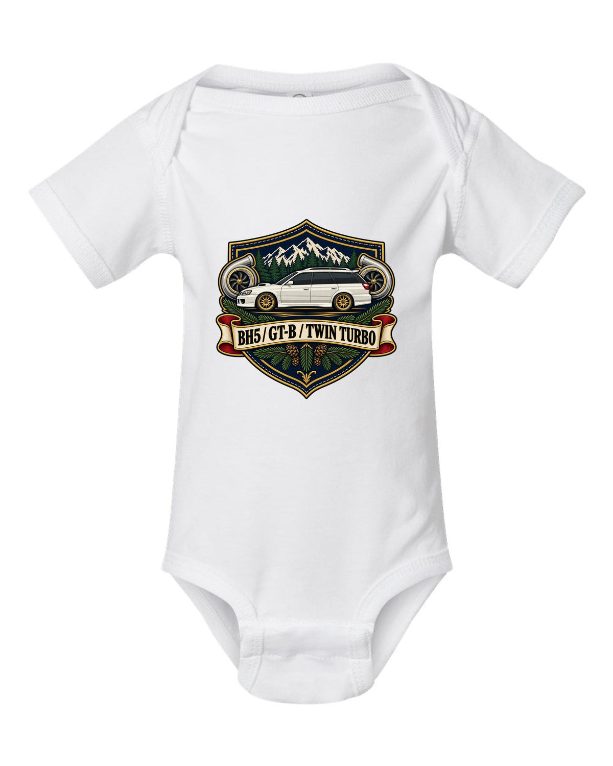 Subaru Legacy BH5 GT-B wagon shield crest print, BH5 / GT-B / TWIN TURBO white baby onesie front view with the design