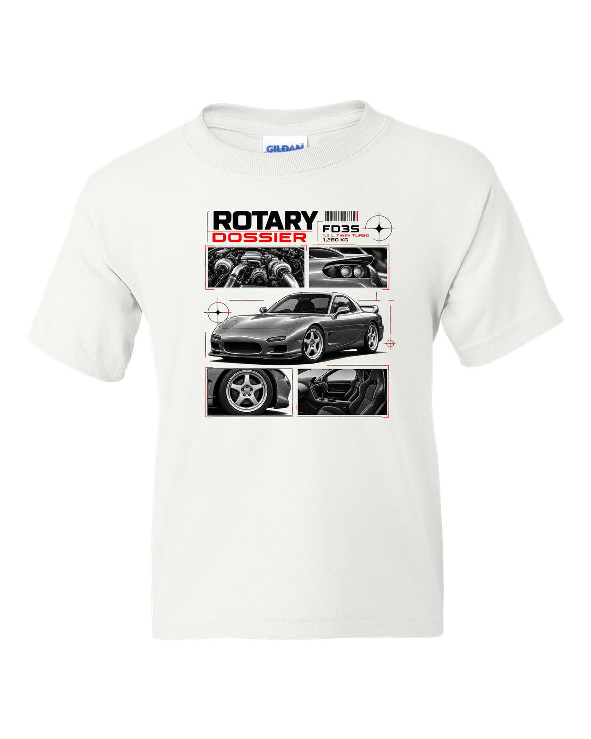 Dossier print of a Mazda RX-7 FD3S front three-quarter with detail panels white kids tee front view with the design