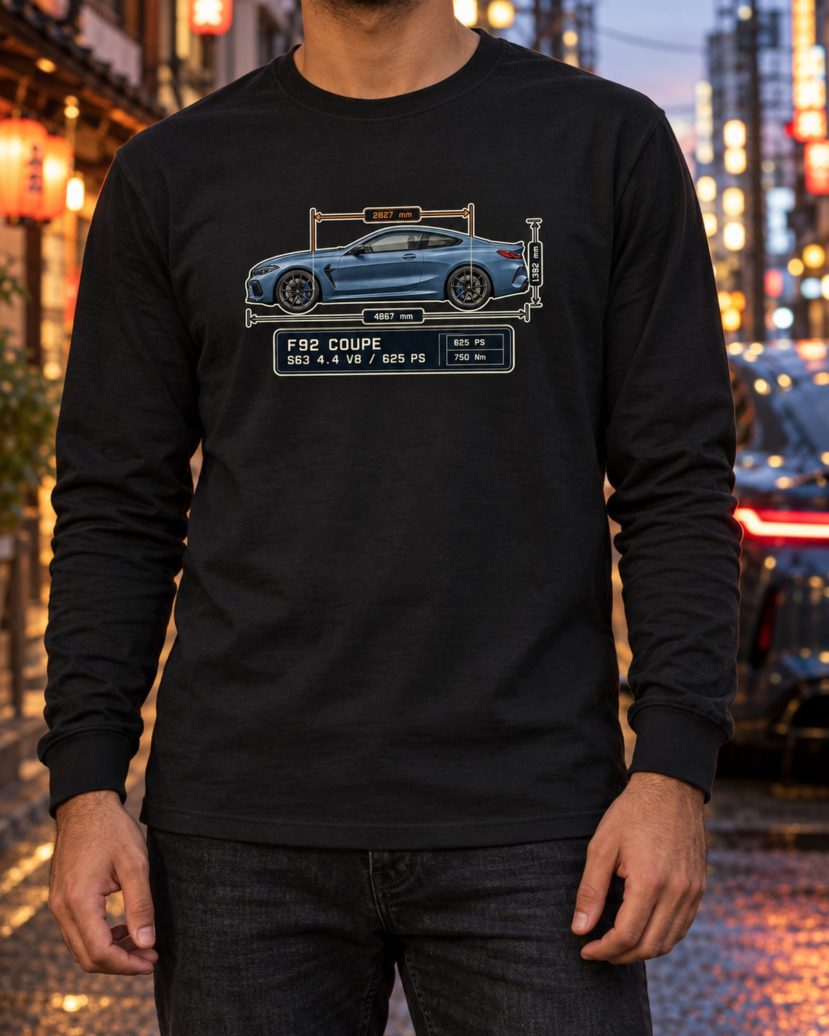 BMW M8 Competition Coupe F92 Dimension Blueprint Shirt Long Sleeve Black worn hero