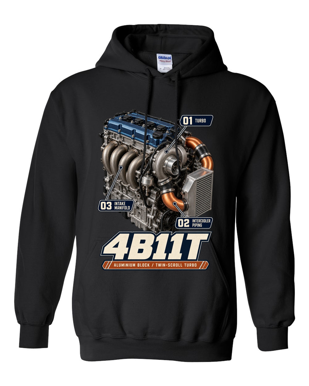 Mitsubishi Lancer Evolution X 4B11T engine bay poster print black pull over hoodie front view with the design