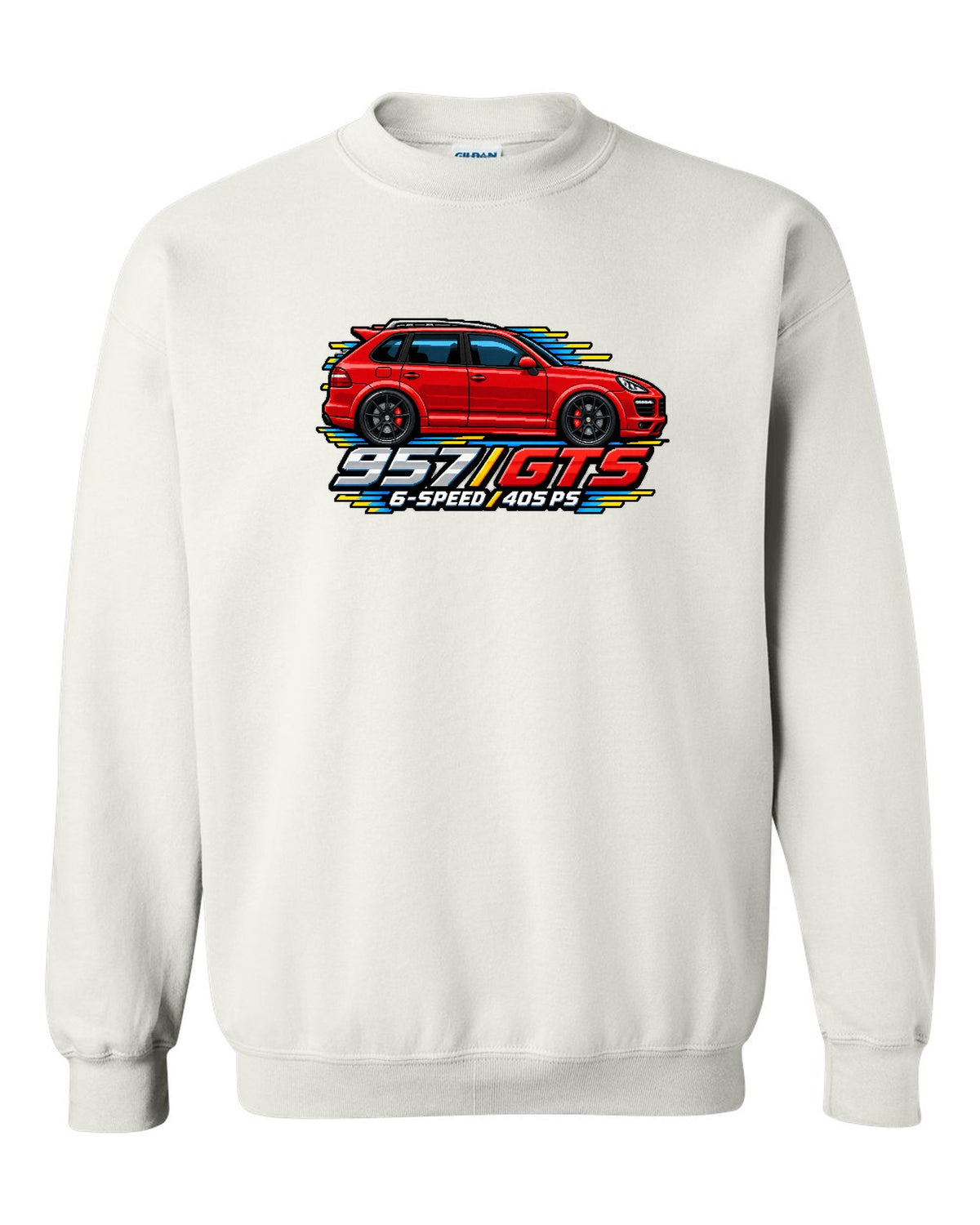 16-bit pixel art design of the Porsche Cayenne GTS 957 with 6-speed and 405 PS lettering white crewneck front view with the design