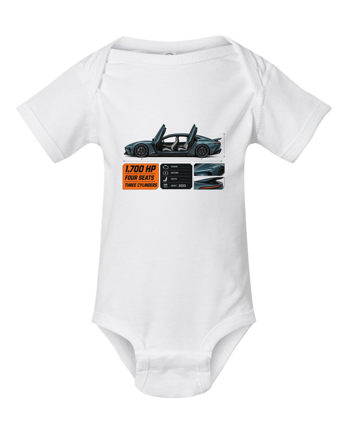 Spec poster of the Koenigsegg Gemera four-seat hypercar, print white baby onesie front view with the design