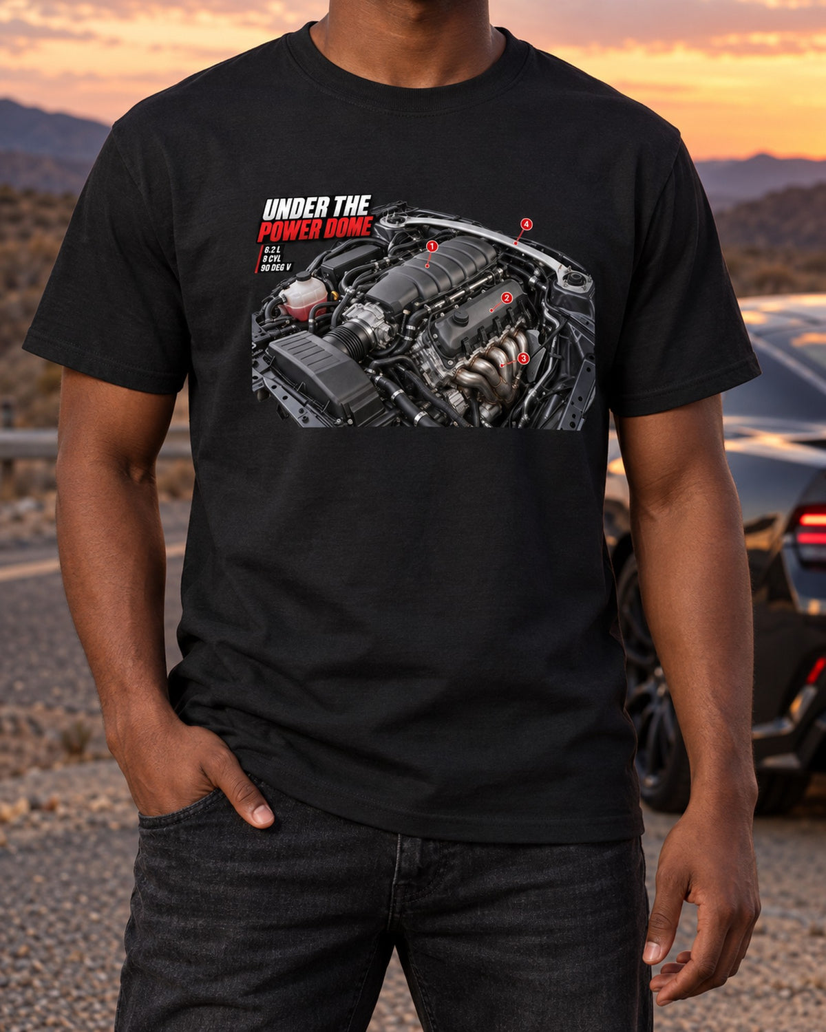 Under The Power Dome Mercedes C63 AMG W204 M156 Engine Tee T-Shirt Black worn hero