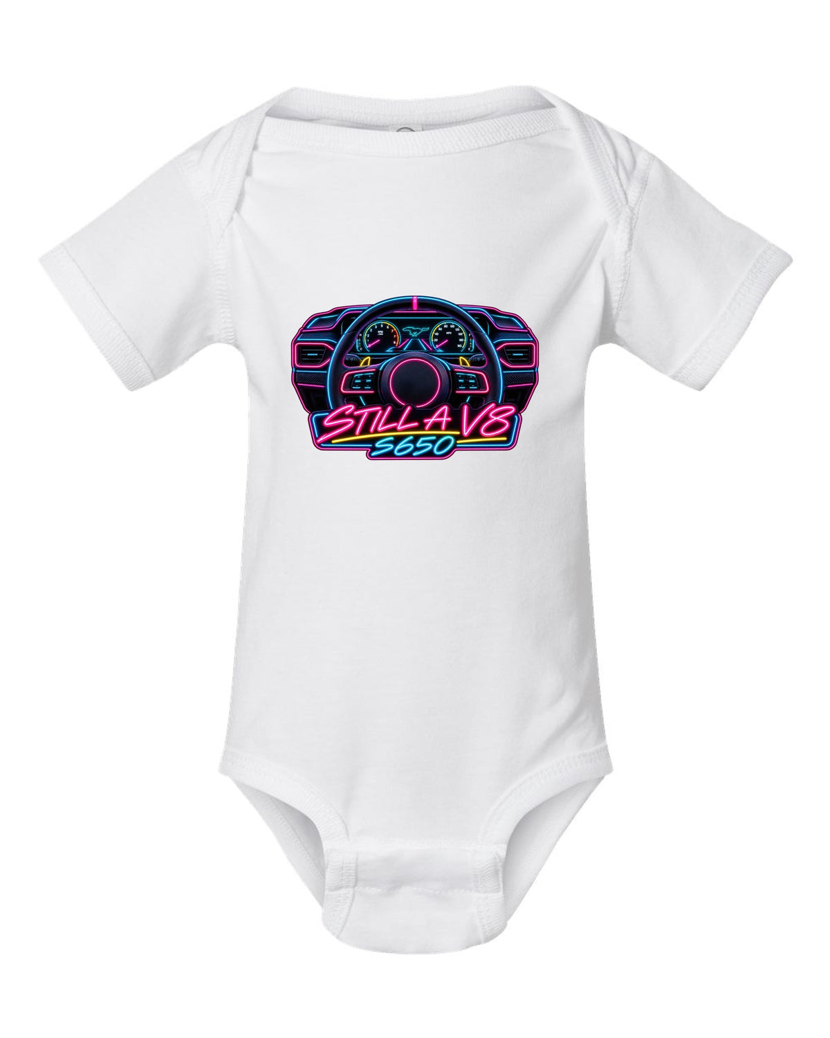 Neon sign style 2024 S650 Ford Mustang coupe with Still a V8 text white baby onesie front view with the design